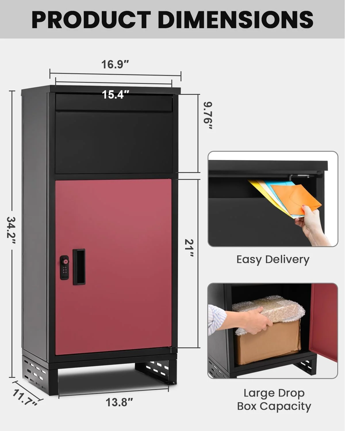 Lilypelle Outside Package Delivery Boxes, 17" x 12" x 34" Large Galvanized Steel Wall and Floor Mount Locking Mailbox, Anti-Theft Delivery Box for Porch, IPX3 Waterproof