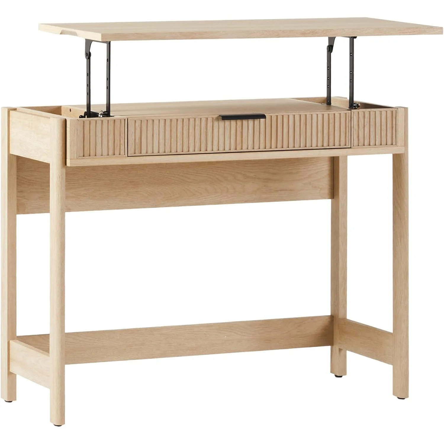 LHHP Transitional Style Furniture, Reeded Detail, Lift-Top Desk with Drawer and Storage Cubby, Sitting to Standing Desk, Soft Self-Close Desktop, 38W x 16.75D x 30H, Coastal Oak