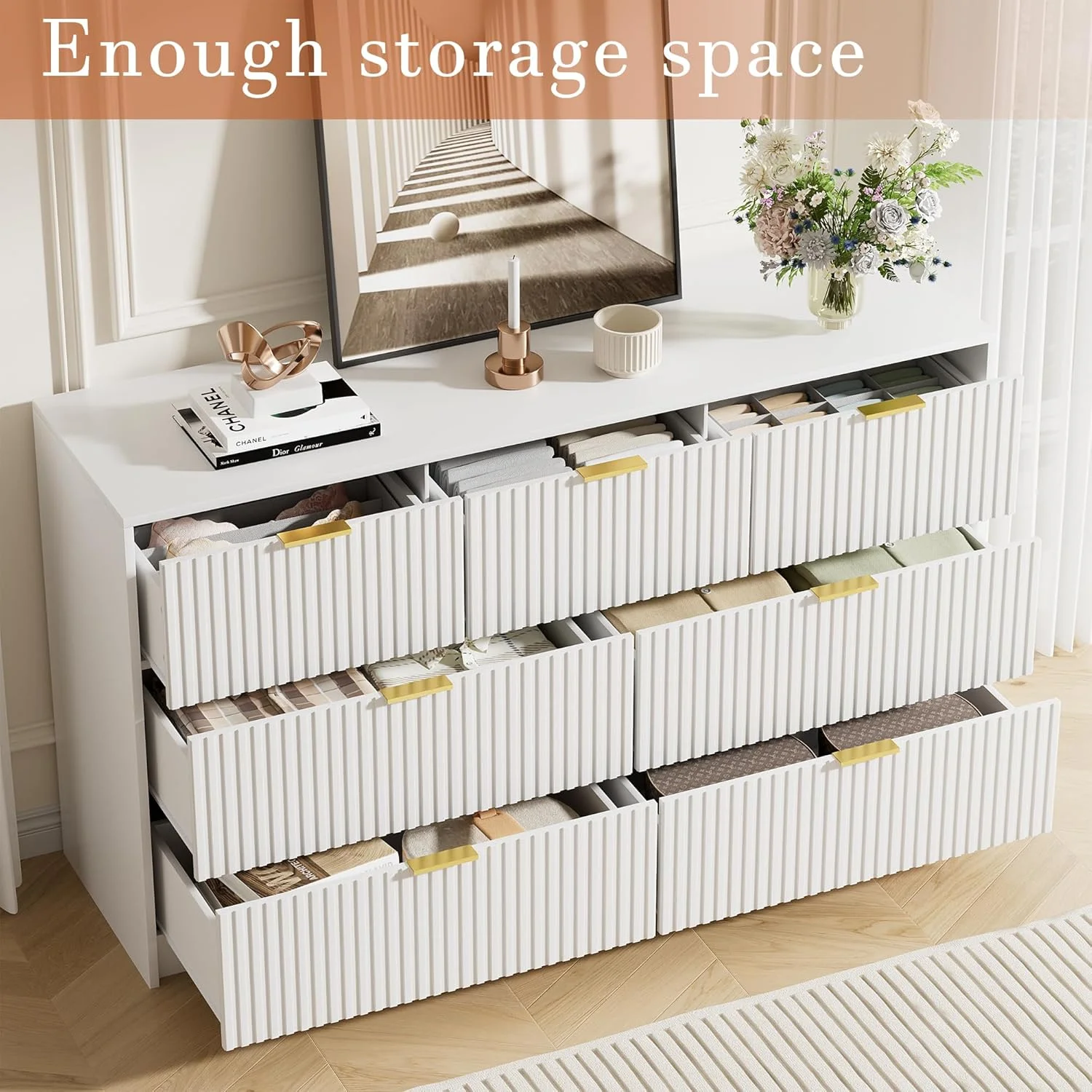 Furniway Black Dresser for Bedroom, 8 Drawer Double Dresser, Modern Chest of Drawers for Bedroom, Living Room, Entryway and Closet, 55" L x 15.7" D x 37.4" H