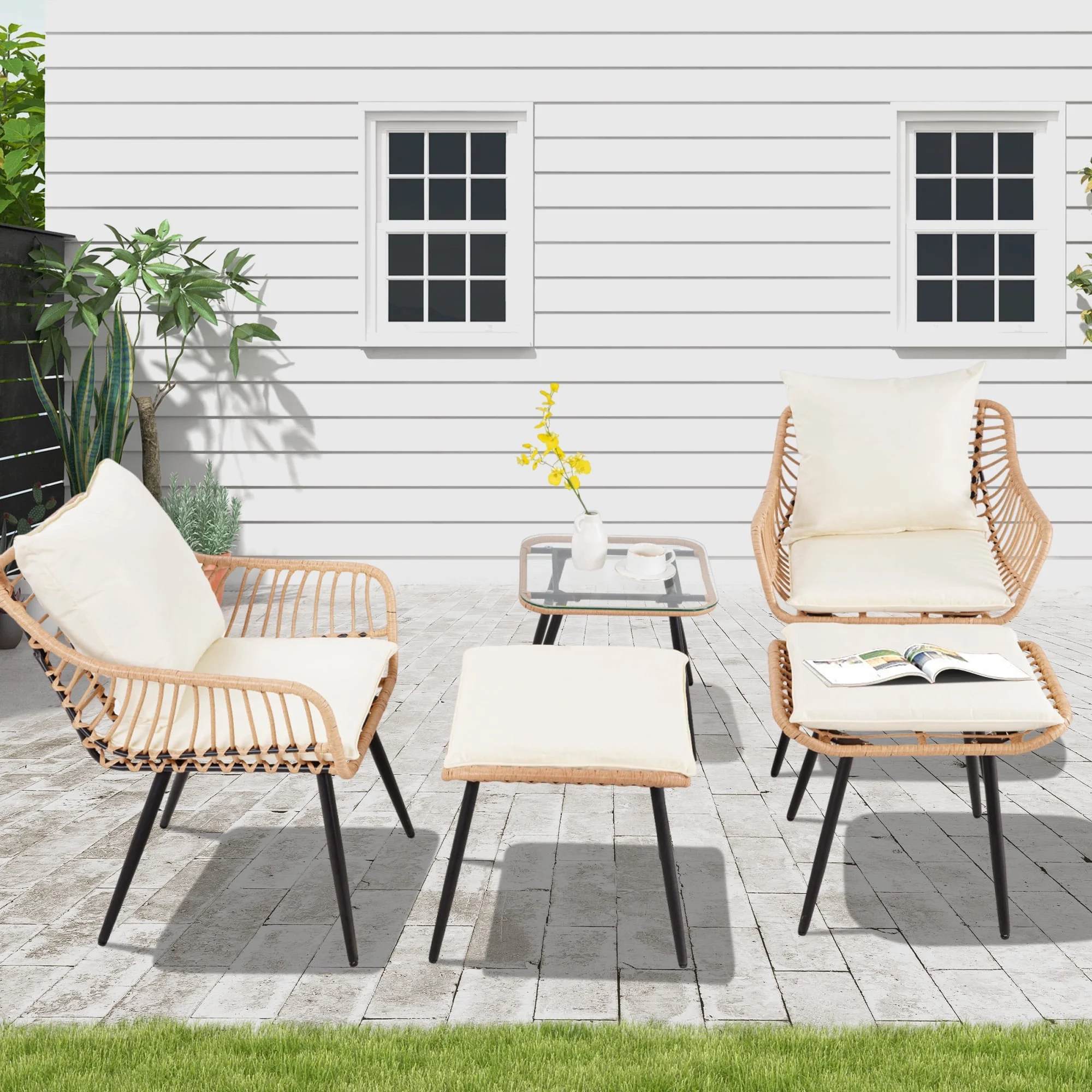 Ainfox 7 Pcs Outdoor Patio Furniture Sofa Set, Grey Rattan Grey Cushion
