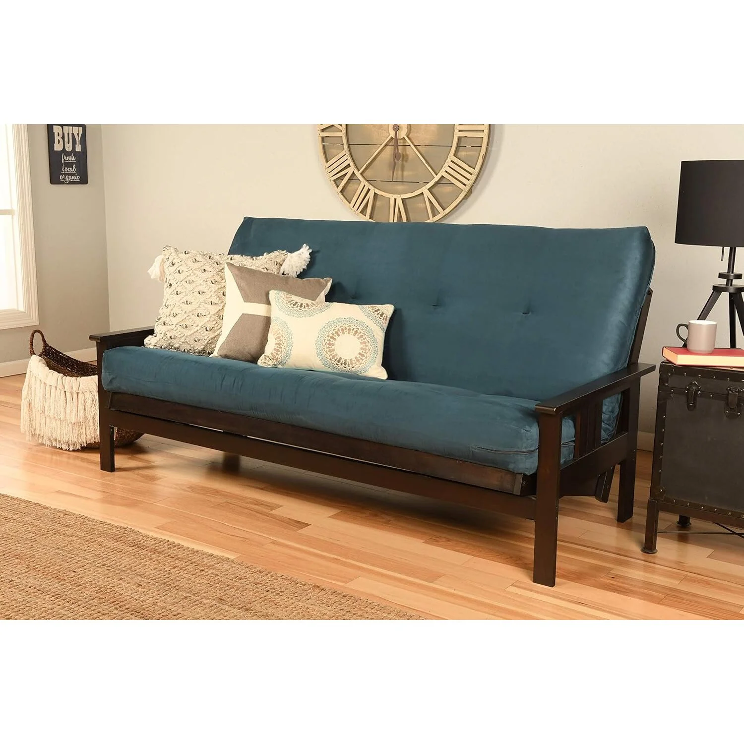 Homestock African Artifacts Full Size Futon Frame Set with Mattress, Easily Converts to Bed, Versatile Design Futon Frame for All Spaces, 33"H x 79"L x 37"D-Color:Linen Charcoal,Size:Barbados