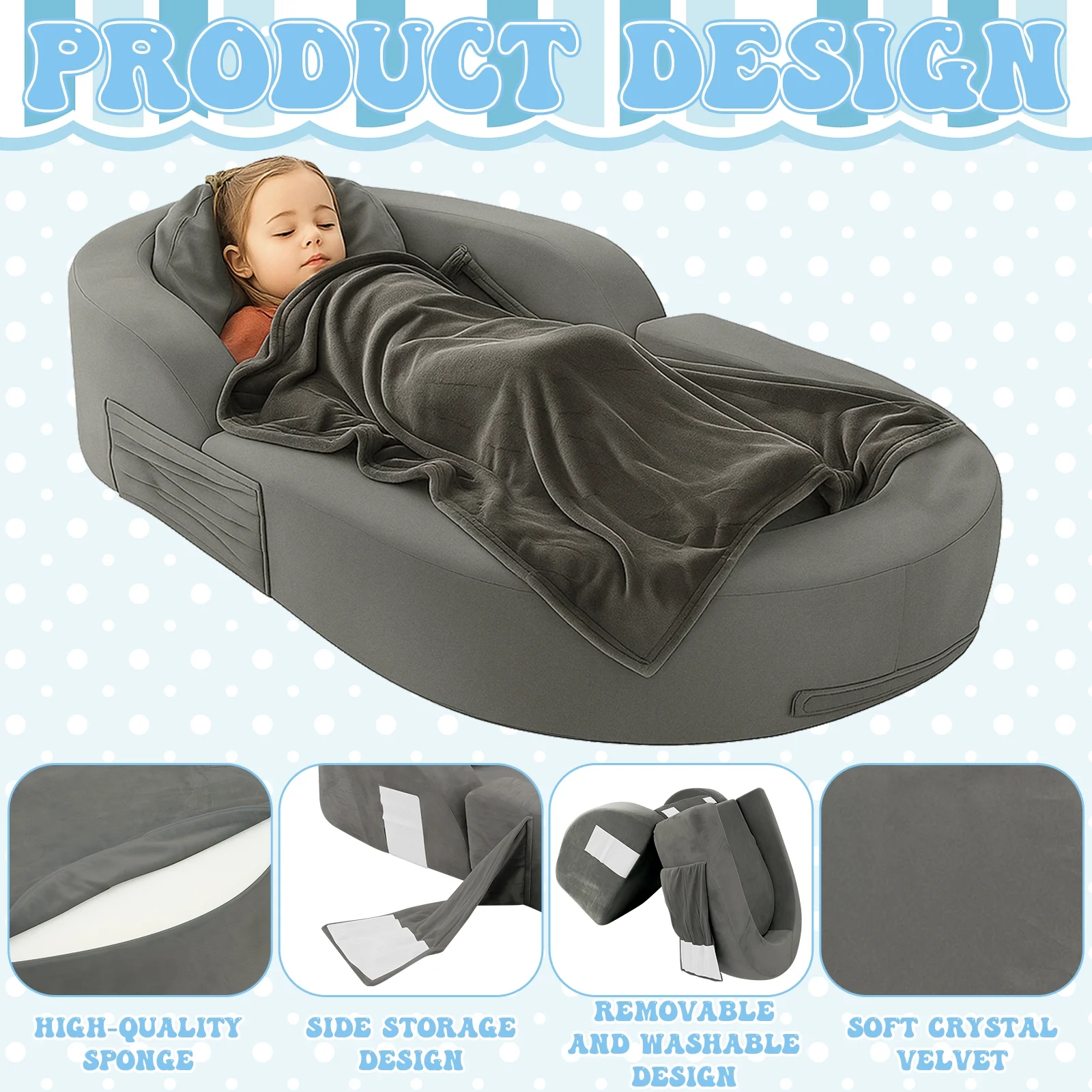Coumy Toddler Travel Bed 2-in-1 Kids Sofa Chair with Removable Cover, Soft Foam Portable Foldable Toddler Bed for Travel with Carrying Bag, Blue