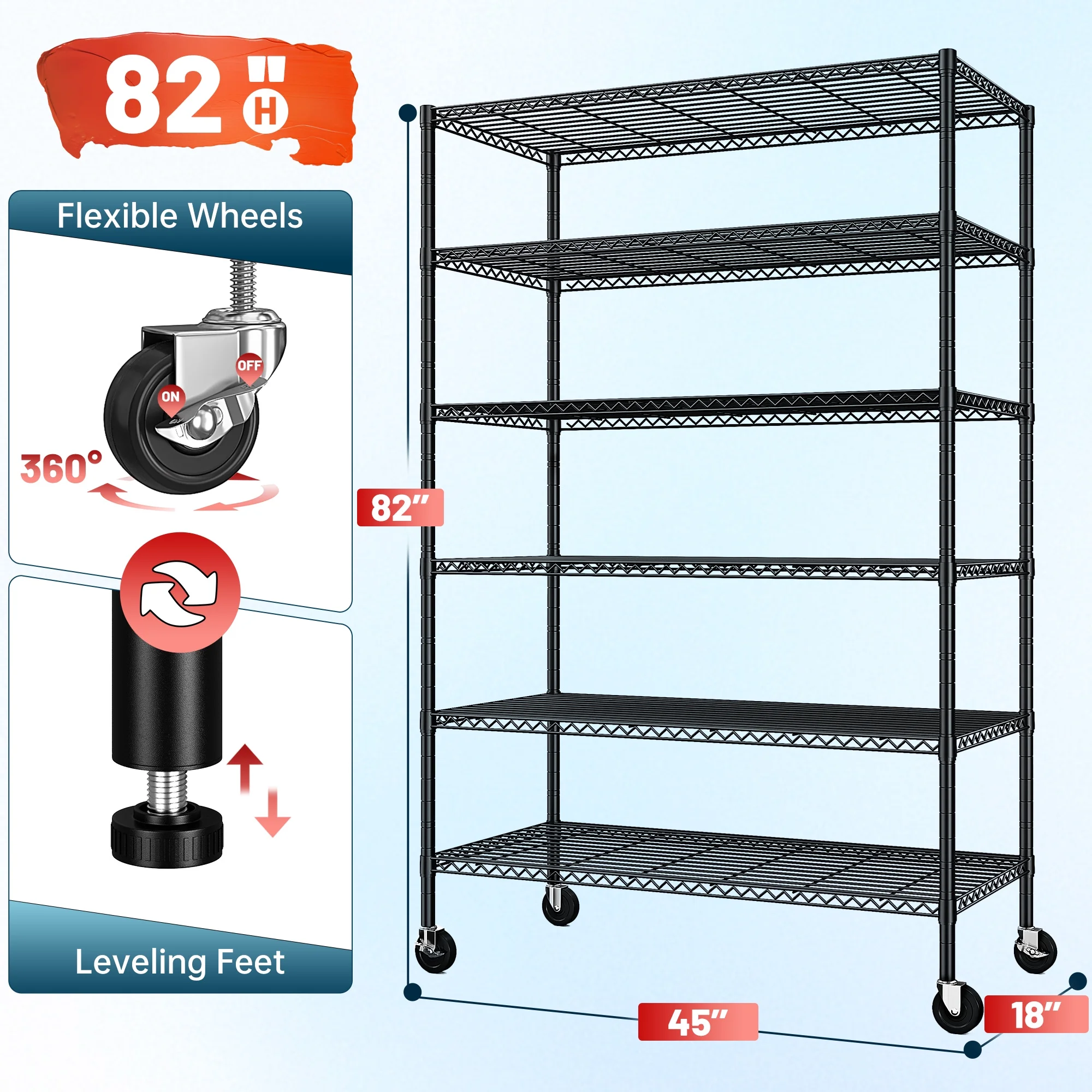 REIBII 6-Tier Wire Shelving Unit with Wheels, 82"H x 45"W x 18"D, 1200LBS Capacity,Adjustable Metal Storage Shelves for Garage,Kitchen,Pantry,Black