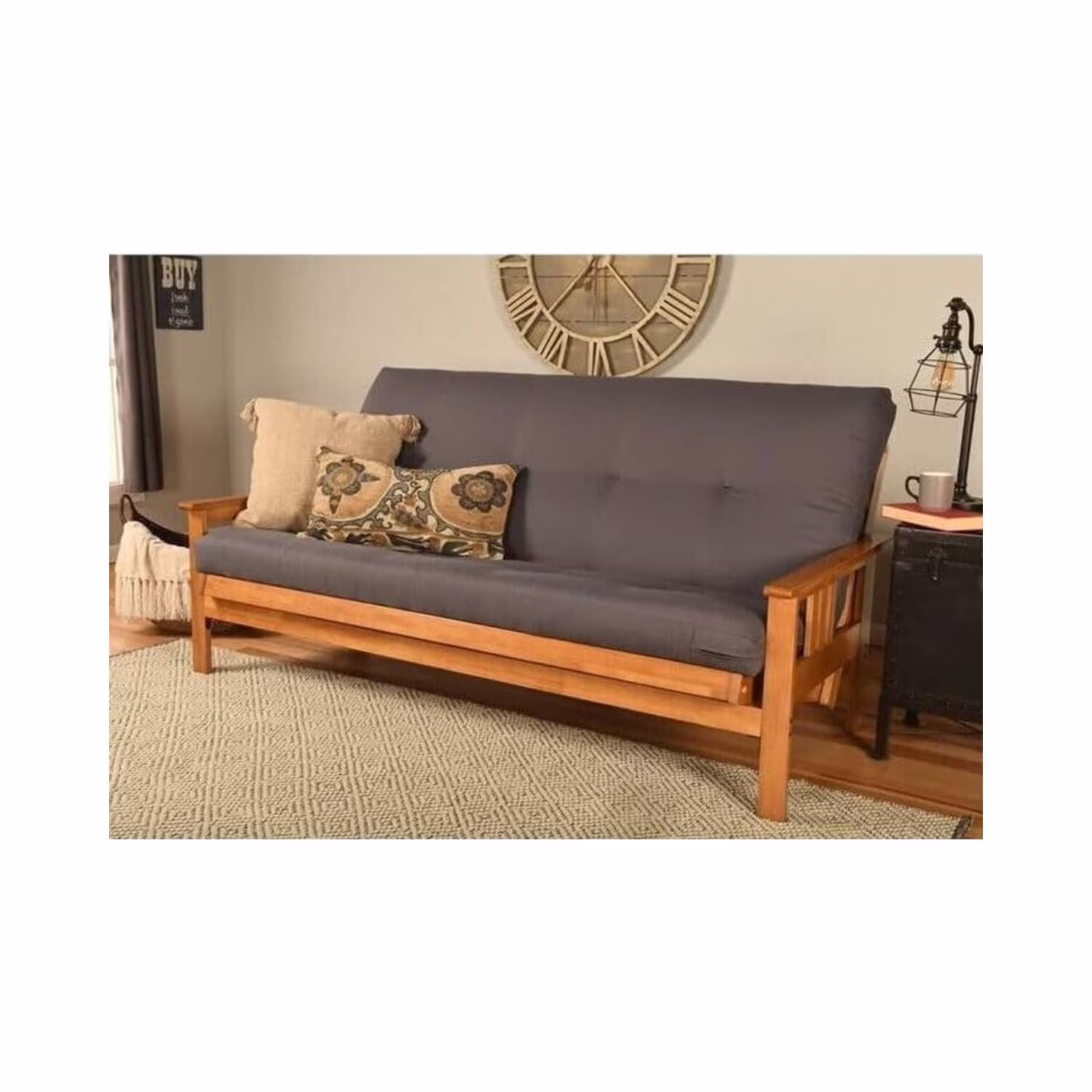 Homestock African Artifacts Full Size Futon Frame Set with Mattress, Easily Converts to Bed, Versatile Design Futon Frame for All Spaces, 33"H x 79"L x 37"D-Color:Linen Charcoal,Size:Barbados