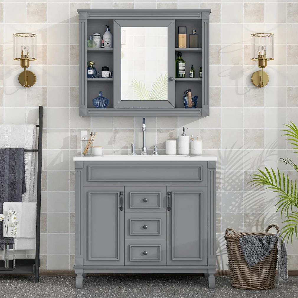 36'' Bathroom Vanity Set With Ceramic Sink Top, Mirror Cabinet, 2 Doors And 2 Drawers - Gray