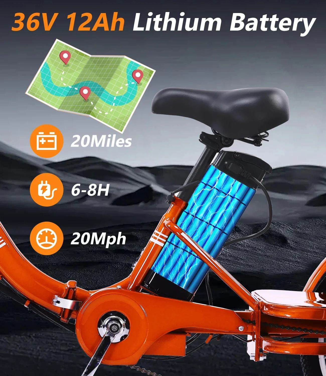NOMIGO Folding Electric Tricycle for Adults, 3 Wheel, 350W, 48V13AH Lithium Battery, Orange