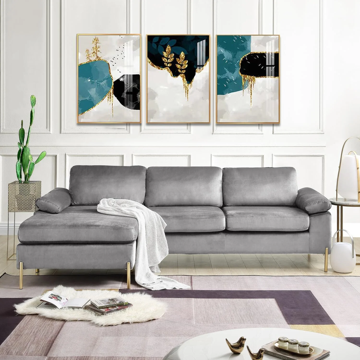 HomeStock Luxe Modern Velvet L-Shape Sectional Sofa with Square Padded Armrests, Solid Pattern Upholstery - 51.6"D x 101.2"W x 33.1"H, Comfortable and Stylish Seating for Living Room-Color:Gray/Gold