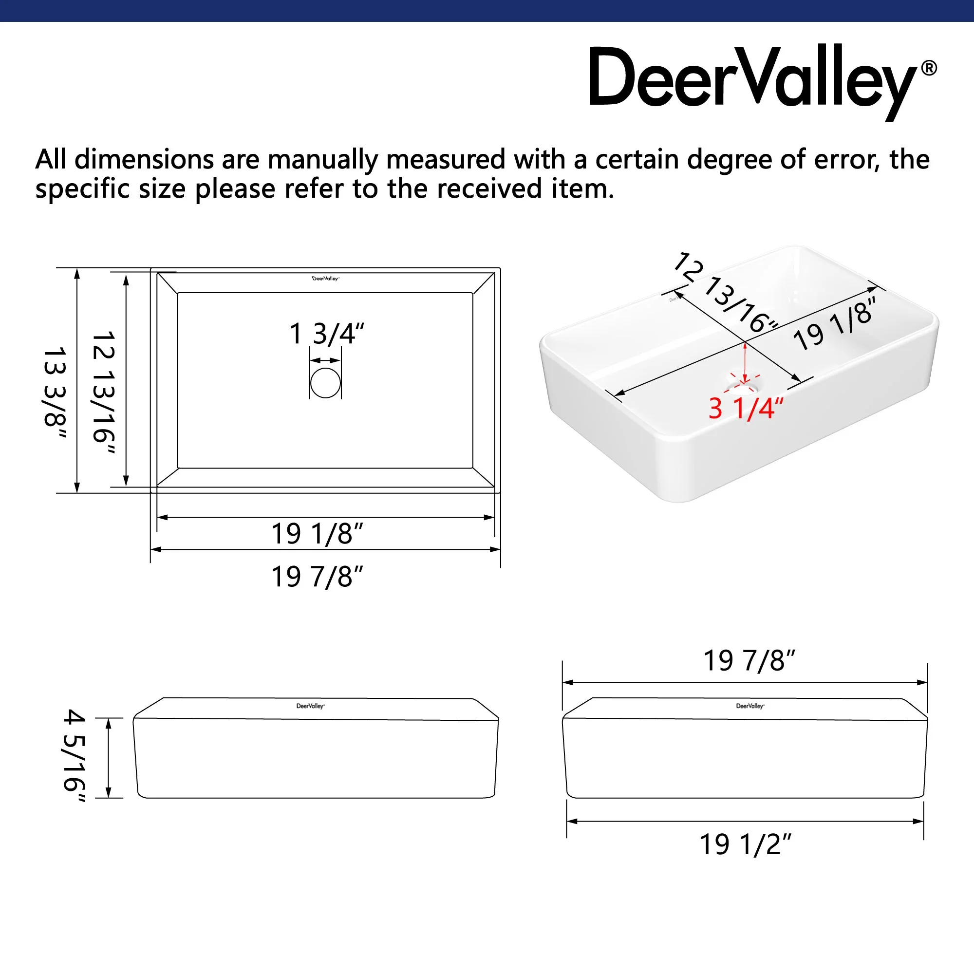 DeerValley DV-1V032 White Ceramic Rectangular Vessel Sink Above Counter White Bathroom Vanity Sink Bathroom Sink Art Basin (19.92'' L x 14'' W x 4.37'' H)