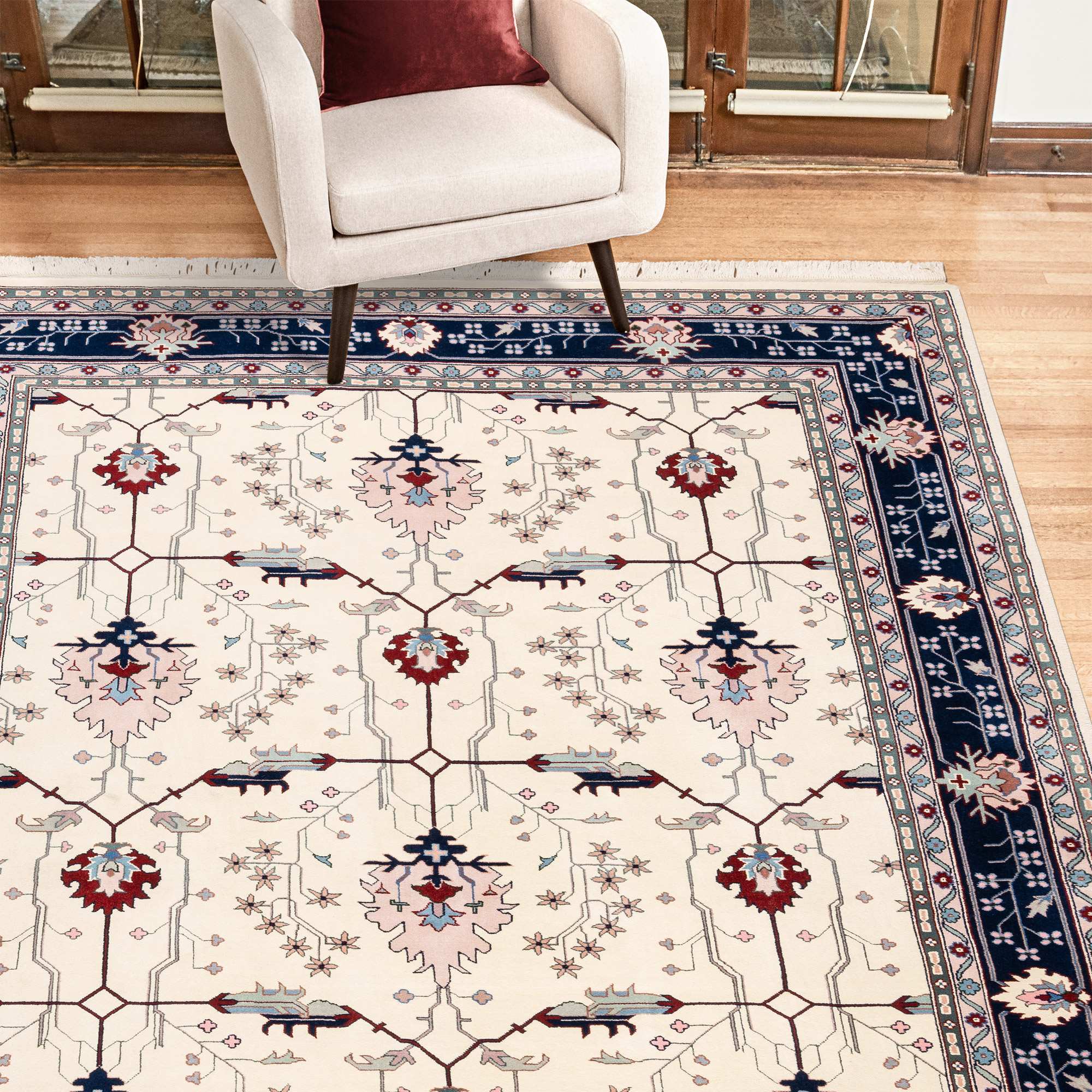 Montacute Hand Knotted Area Rug, Keshan Ivory Navy, 9′ x 12′