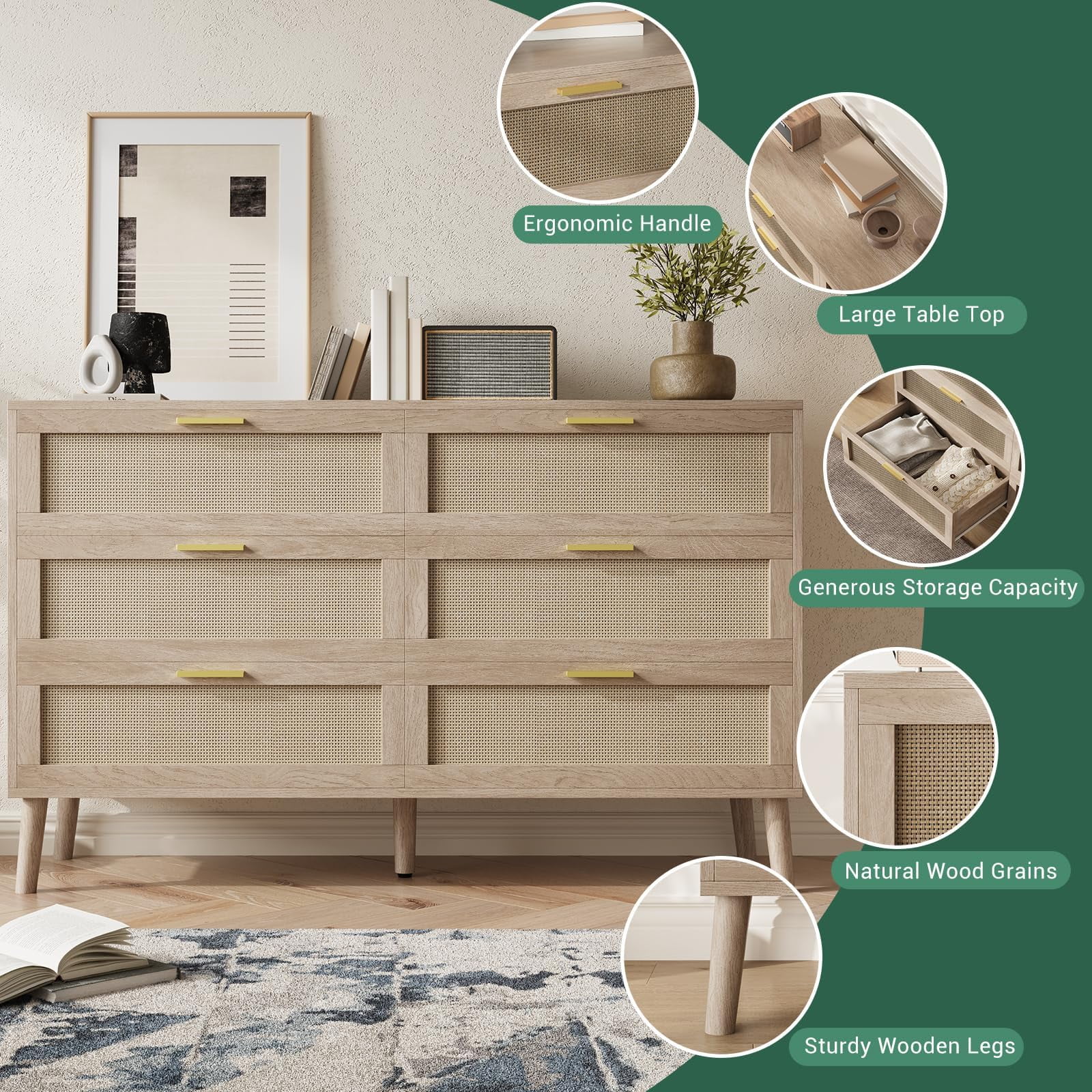 Huloretions 6 Drawer Dresser,Rattan Chest of Dressers,Mid Century Modern Dresser For Closet With Handles,Large Table Top Dresser For Bedroom Living Room Hallway 47.2" x 15.7" x 29.5"