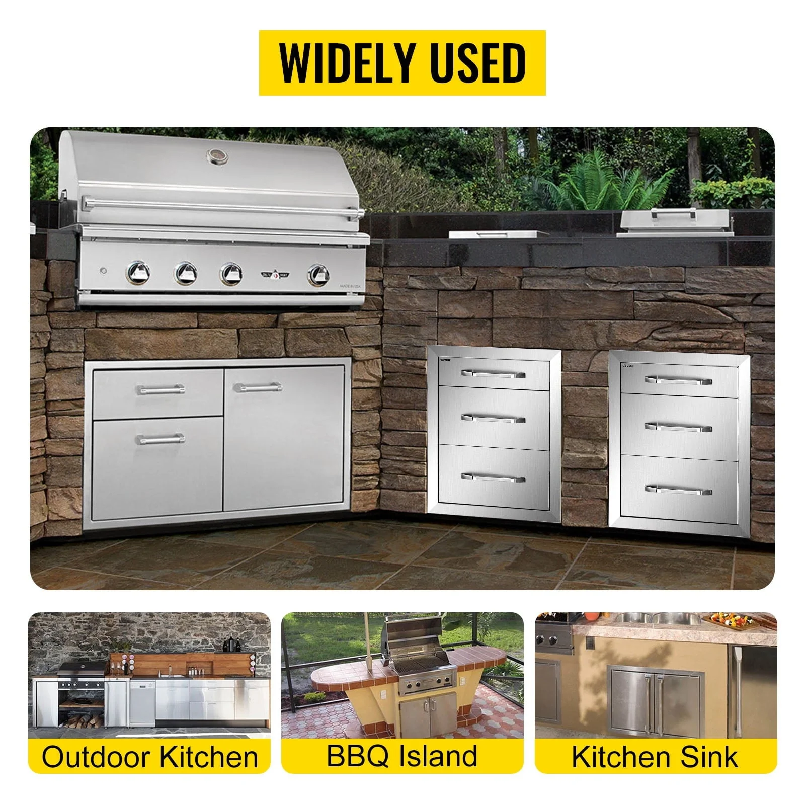 Outdoor Kitchen Drawers 18" W x 20.5" H x 20.5" D, Flush Mount Triple Access BBQ Drawers with Stainless Steel Handle, BBQ Island Drawers for Outdoor Kitchens or BBQ Island Patio Grill Station