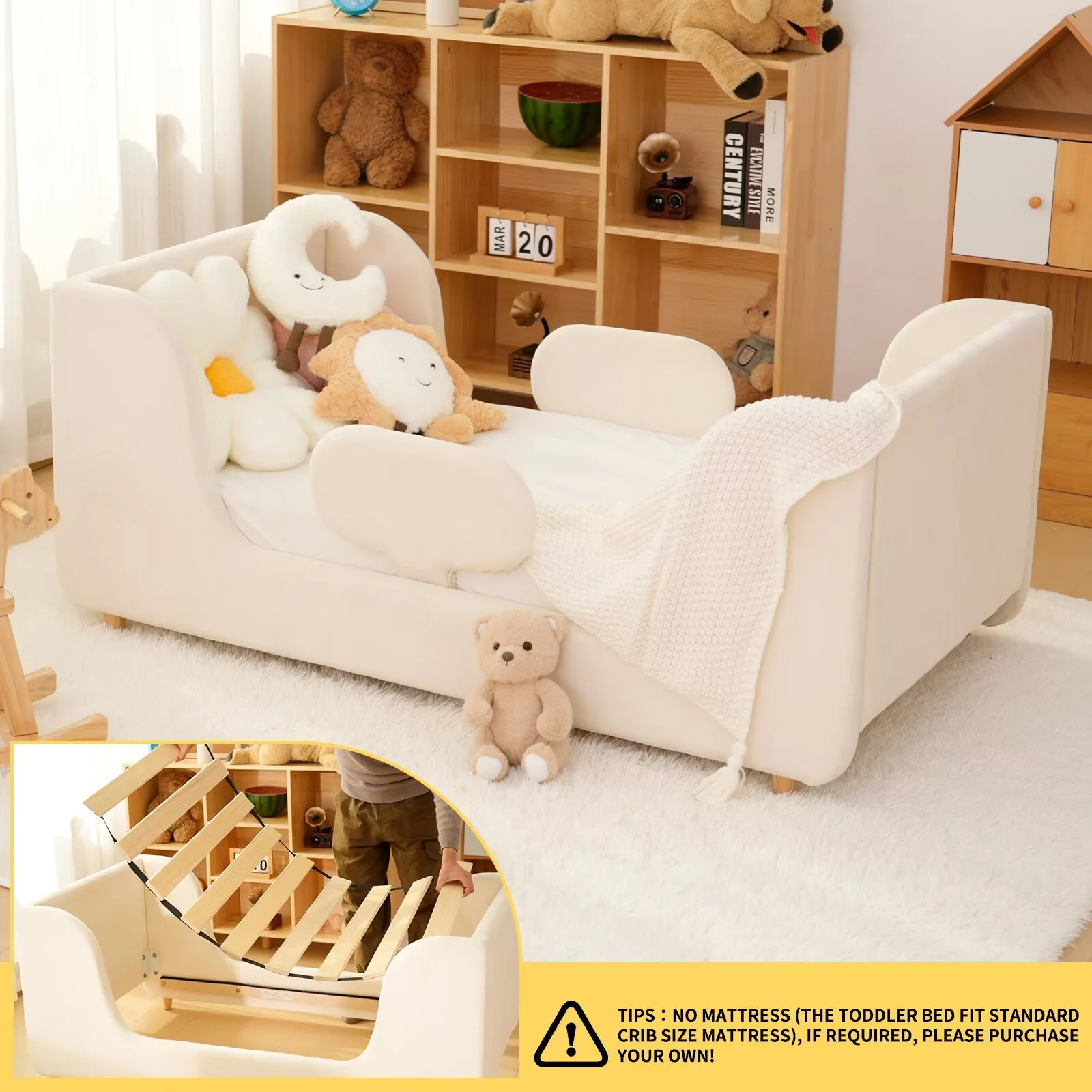 Lilypelle Toddler Bed Frame, Toddler Floor Bed with Removable Guard Rails, Small Bed for Boys and Girls, Standard Crib Size Toddler Bed55.9 x 31.5 x 23.2 inBeige