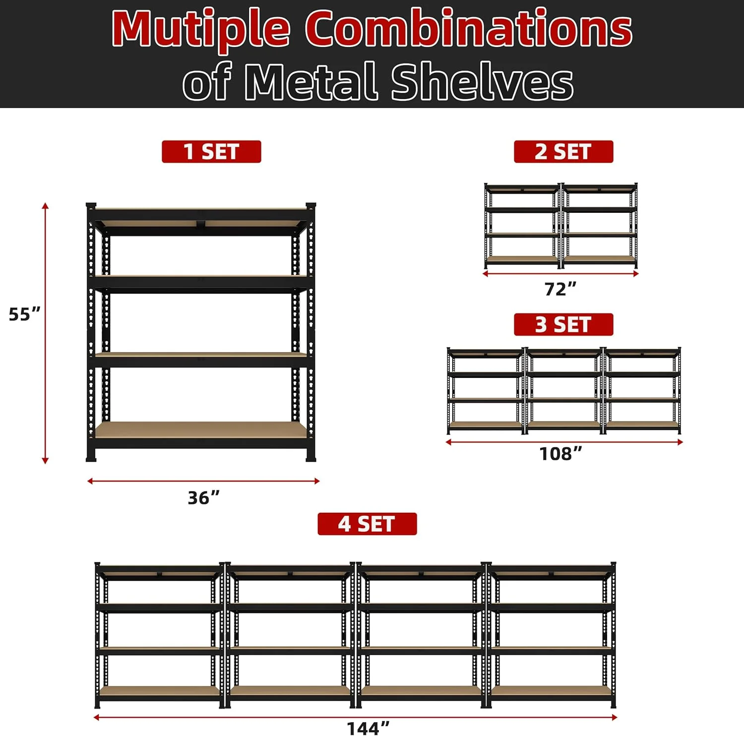 36" W x 16" D x 55" H Adjustable Garage Storage Shelves - 4-Shelf Heavy Duty Shelving Unit, Metal Utility Storage Organizer Racks for Warehouse Pantry Closet Kitchen, Black