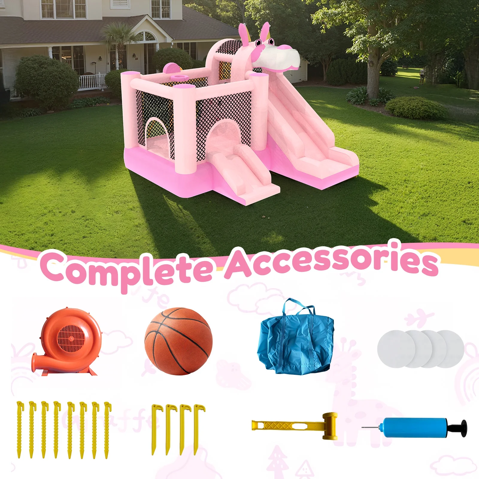 Mukidy 114''x 114'' x 92.5'' Inflatable Bounce Houses for Kids 3-10 with Blower Double Slide and Ball Pit/Indoor Bouncy House, PVC, Child, Teen, Toddler,Blue