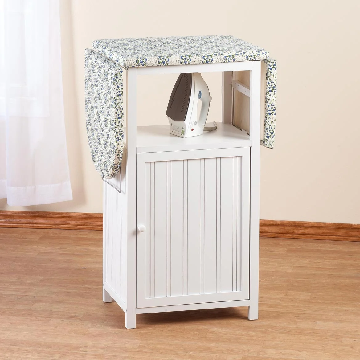 OakRidge Deluxe Ironing Board with Storage Cabinet, Perfect for Small Spaces with Extra Storage, Folding Station, Crafted with 100% Durable Wood, White Design C Measures 36.5" H x 15.5" W x 23" L