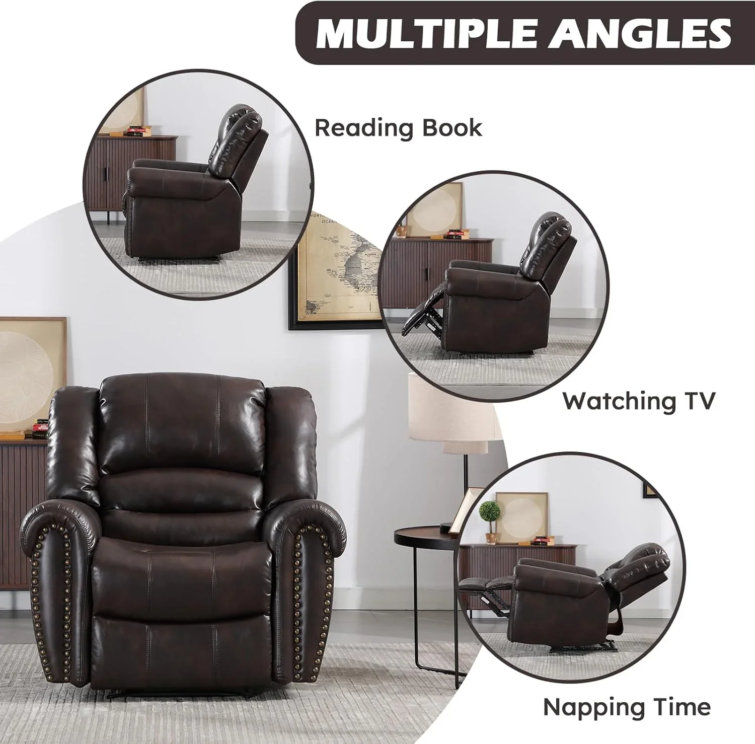 CANMOV Leather Recliner Chair, Classic and Traditional Manual Recliner Chair with Comfortable Arms and Back Single Sofa for Living Room, Nut Brown