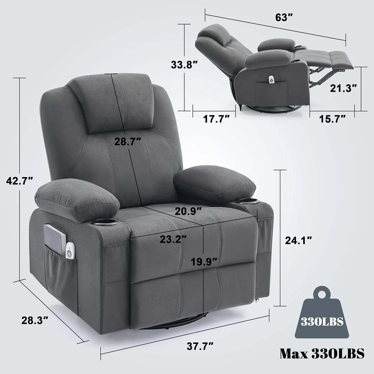 Oversized Swivel Rocker Recliner Chair with Heat and Massage, 360 Degree Swivel Rocking Single Sofa with Cup Holders and USB Port, Large Big Recliner Chair for Living Room (Leather, Brown)