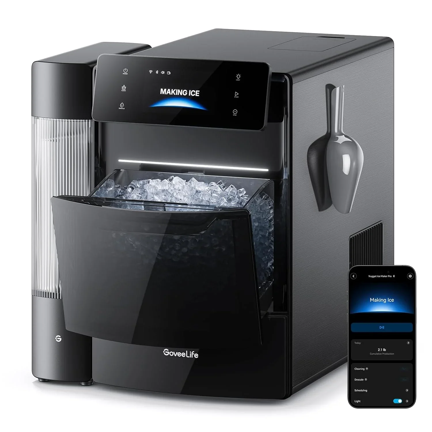 GoveeLife Smart Nugget Ice Maker Pro, 60lbs Daily, 6-Minute First Ice, 40dB Ultra-Quiet with AI NoiseGuard, App & Voice Control, Self-Clean, 3.5lbs Basket & Dual Water Tanks, for Home Kitchen, Party