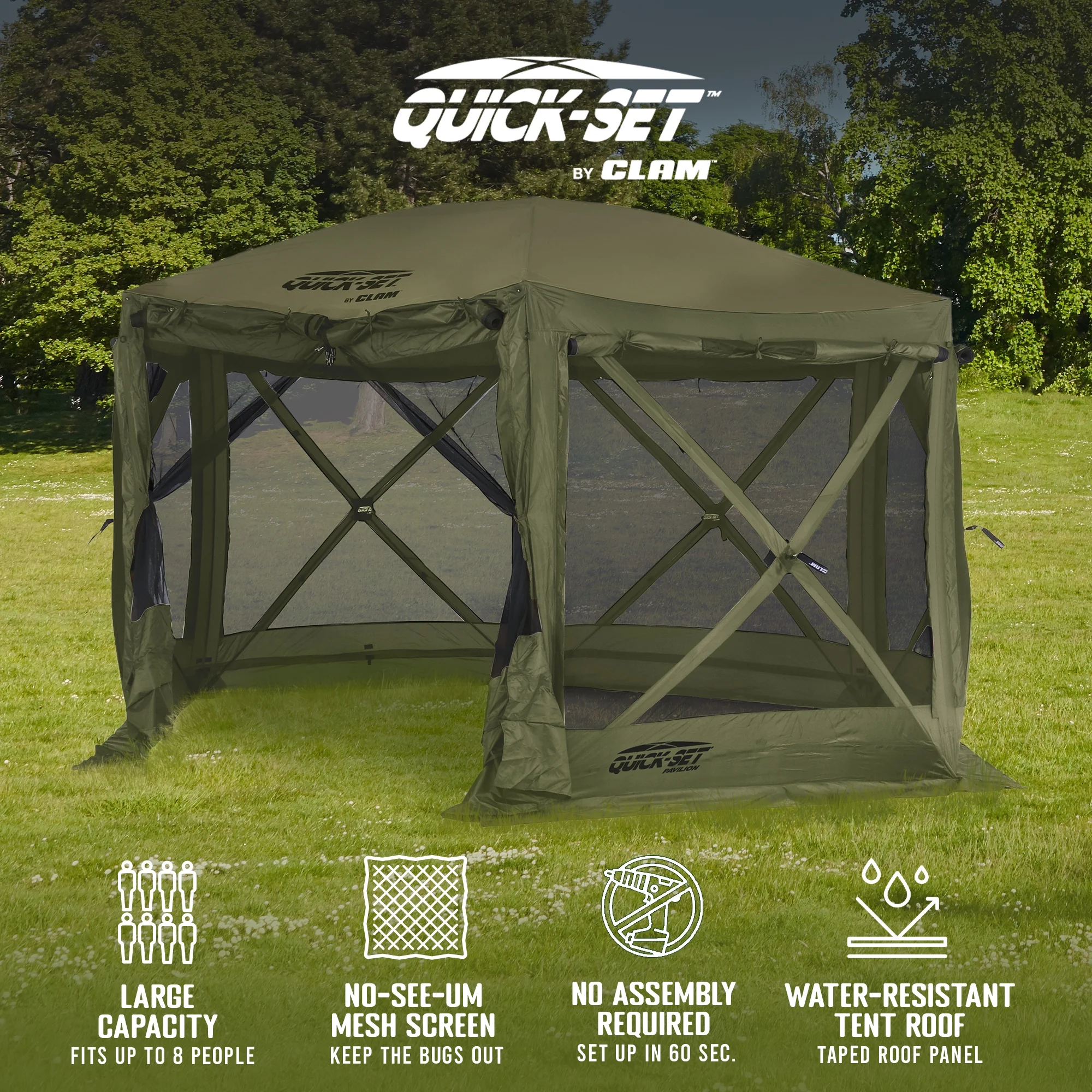 CLAM Quick-Set Pavilion 12.5 x 12.5' Portable Outdoor Canopy Shelter, Green