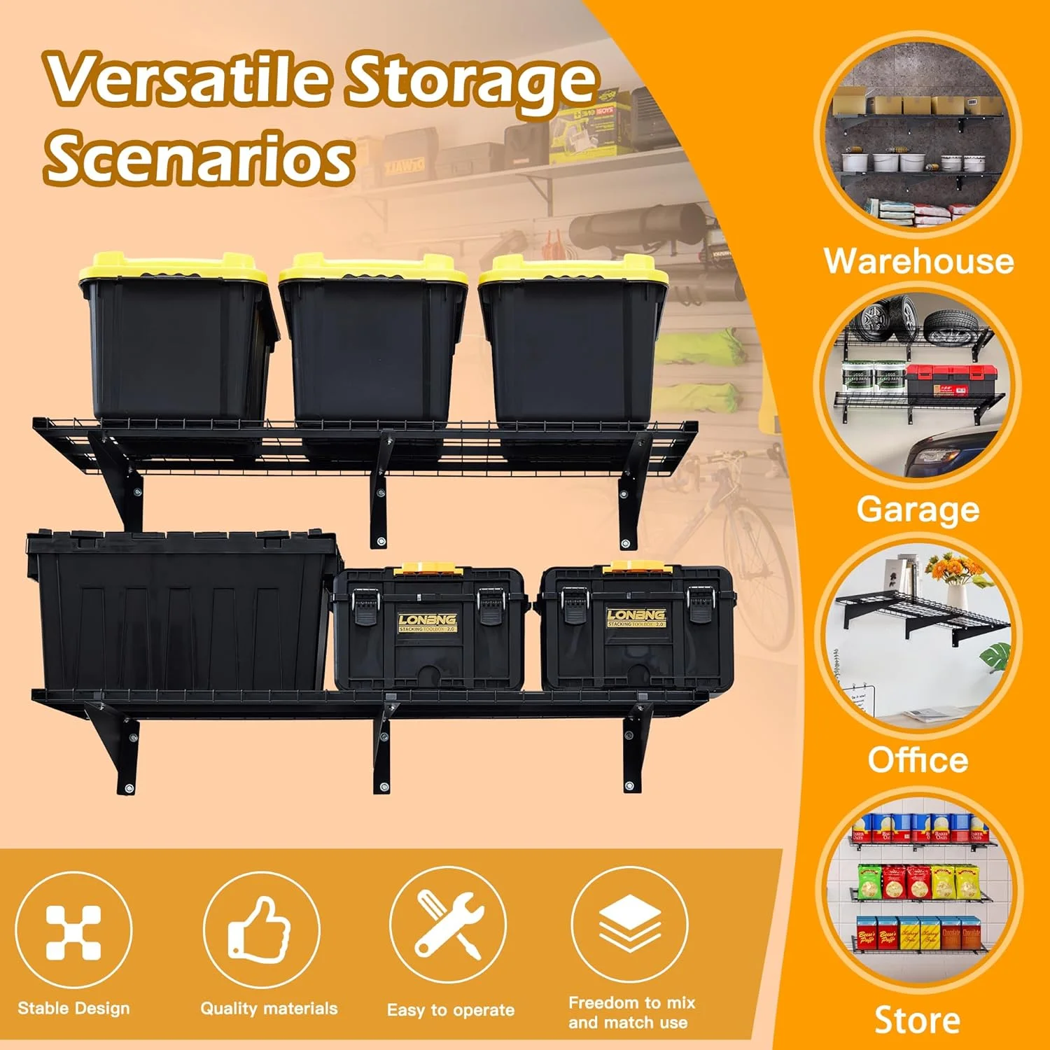 Garage Wall Shelving, 2-Pack 2 x 4ft Garage Storage Rack,Loads 700 lbs 24-inch-by-48-inch Heavy Duty Wall Shelves,24 x 48 Garage Wall Shelf,Black