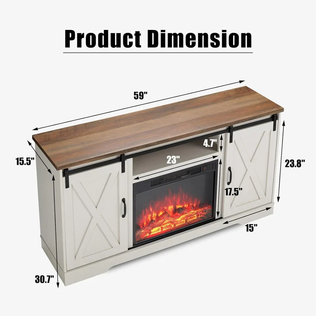 AMERLIFE Fireplace TV Stand with Sliding Barn Door for TVs up to 73", Farmhouse 63" Fireplace Entertainment Center with Storage Cabinets/Adjustable Shelves