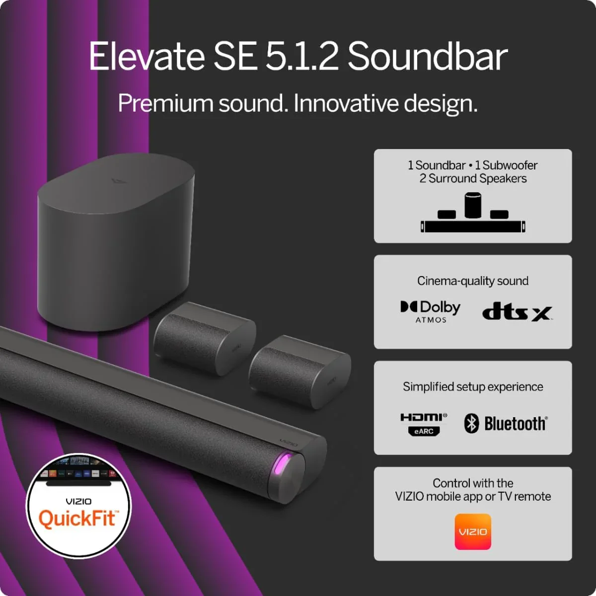 VIZIO Elevate SE 5.1.2 Soundbar With Wireless Subwoofer, Dolby Atmos – 2024