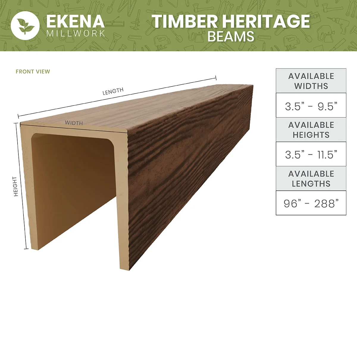 Ekena Millwork 3 1/2″W x 3 1/2″H x 120″L 3-Sided (U-Beam) Mena HeritageTimber Faux Wood Ceiling Beam, Kona Brown