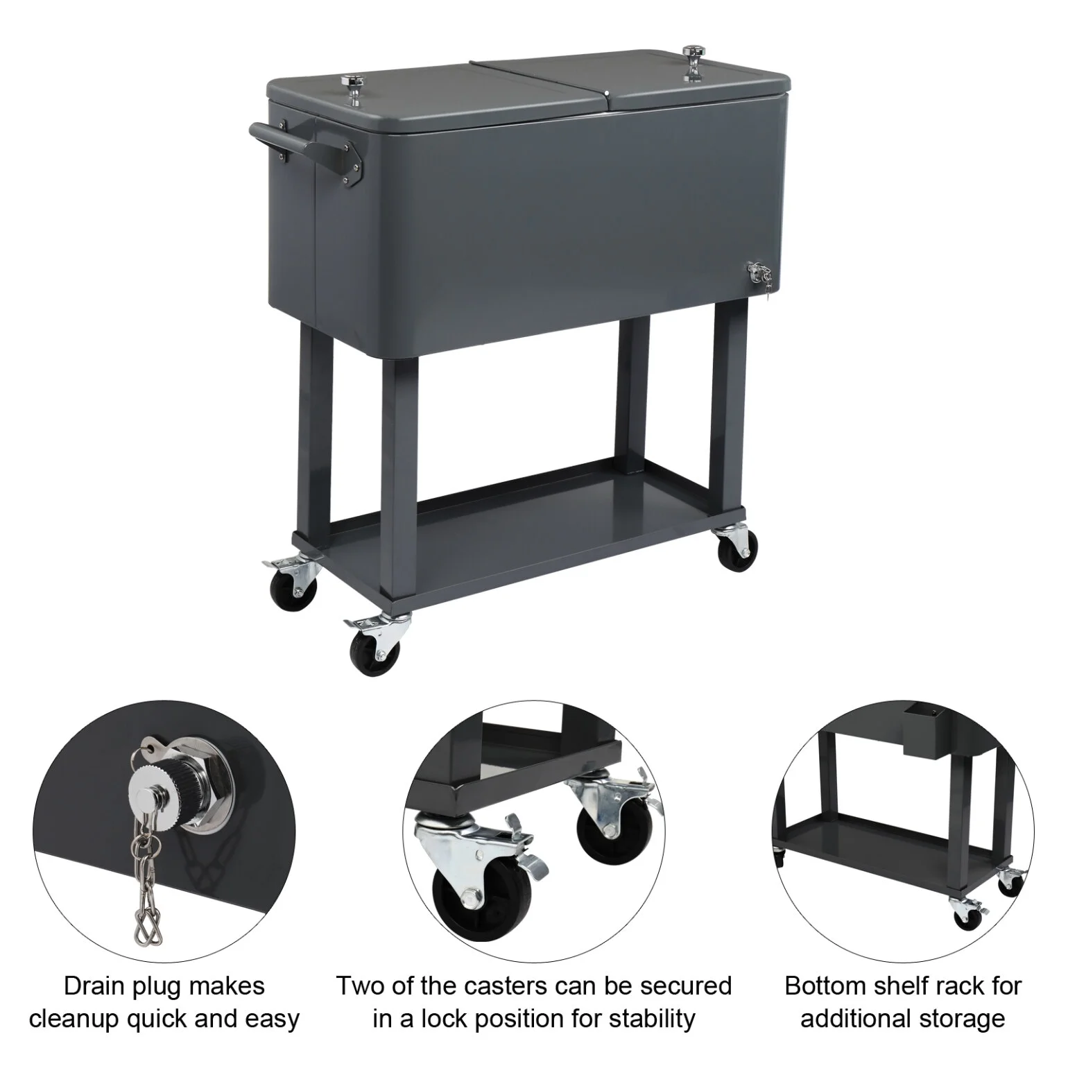 80Qt All-In-One Cooler Cart With Bottle Opener, Lower Storage Shelf and Cap Catcher, Outdoor Party Rolling Cooler With Lockable Wheels For Pool Side, Patio, Balcony, Mint(33.07 x 15.16 x 35.83)"