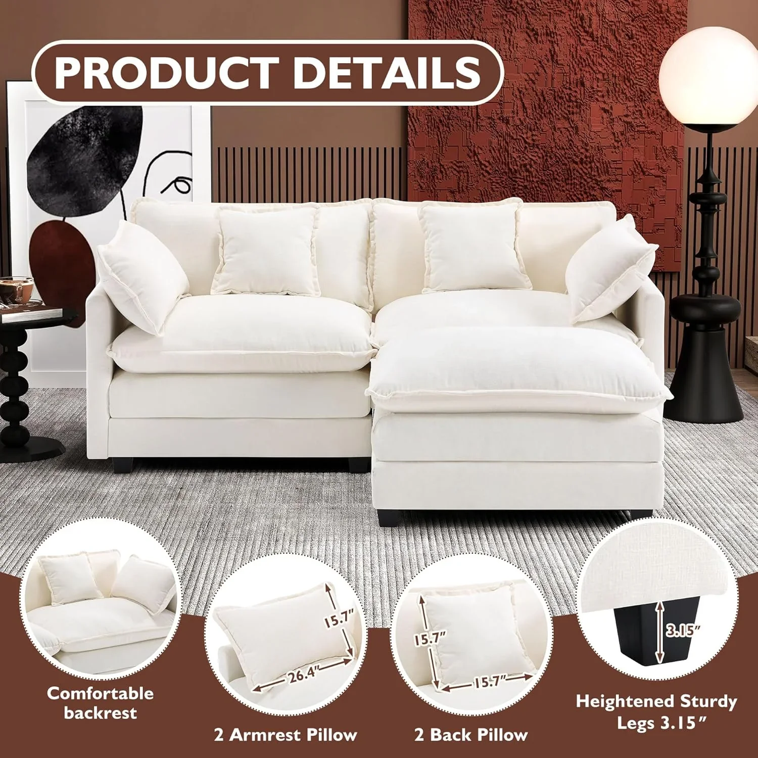 Ihanherry 146" U-Shaped Modern Sofa Modular Sectional Cloud Couch with 2 Ottoman, 6-Seat Chenille Deep Seat Sofa with 6 Pillows for Living Room, Bedroom and Apartment, Grey