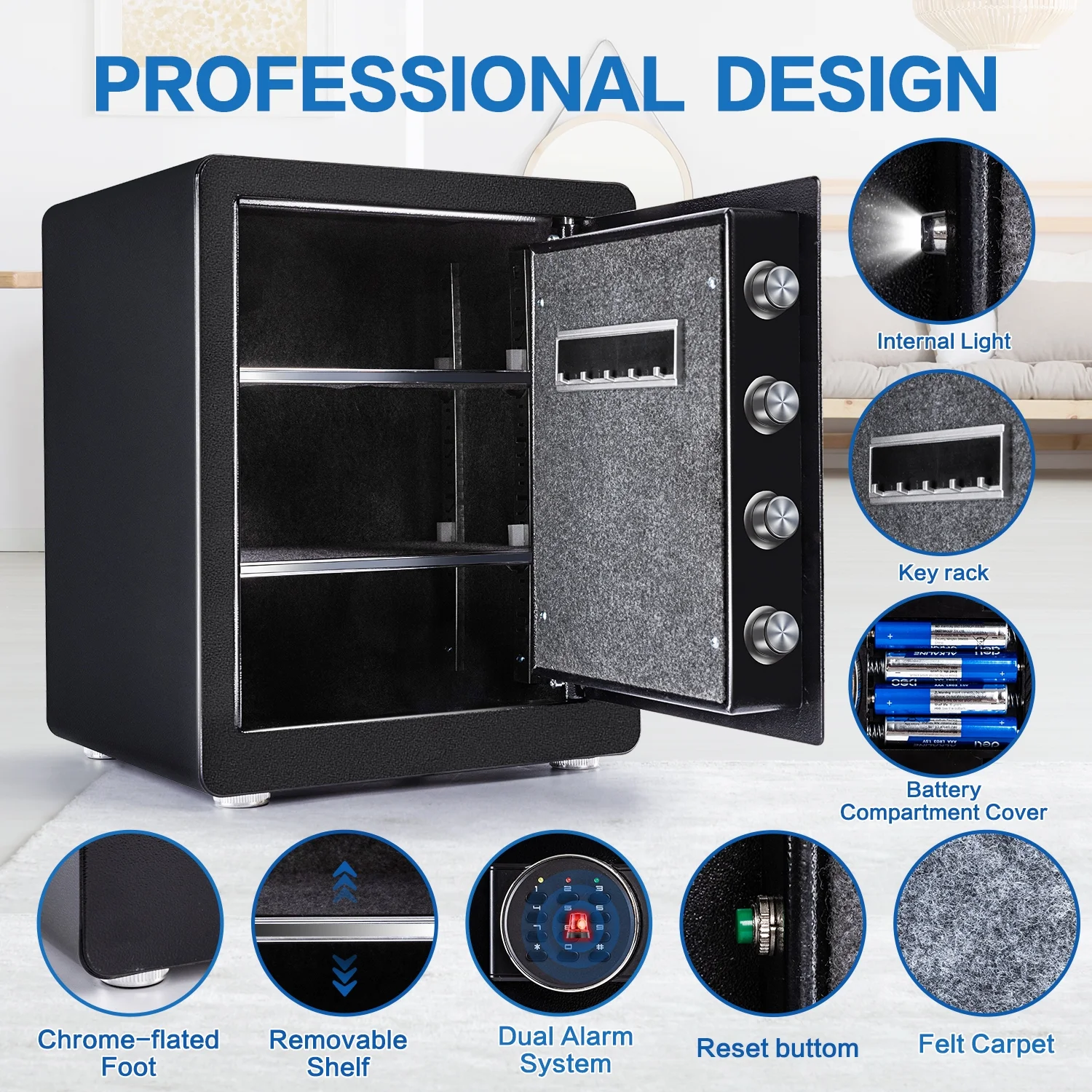 2.0 Cubic Feet Security Safe Box, Dual Alarm System, W/Electronic Digital Keypad, LED Light for Home Office Hotel Use 15″D x 12.2W” x 17.7″H