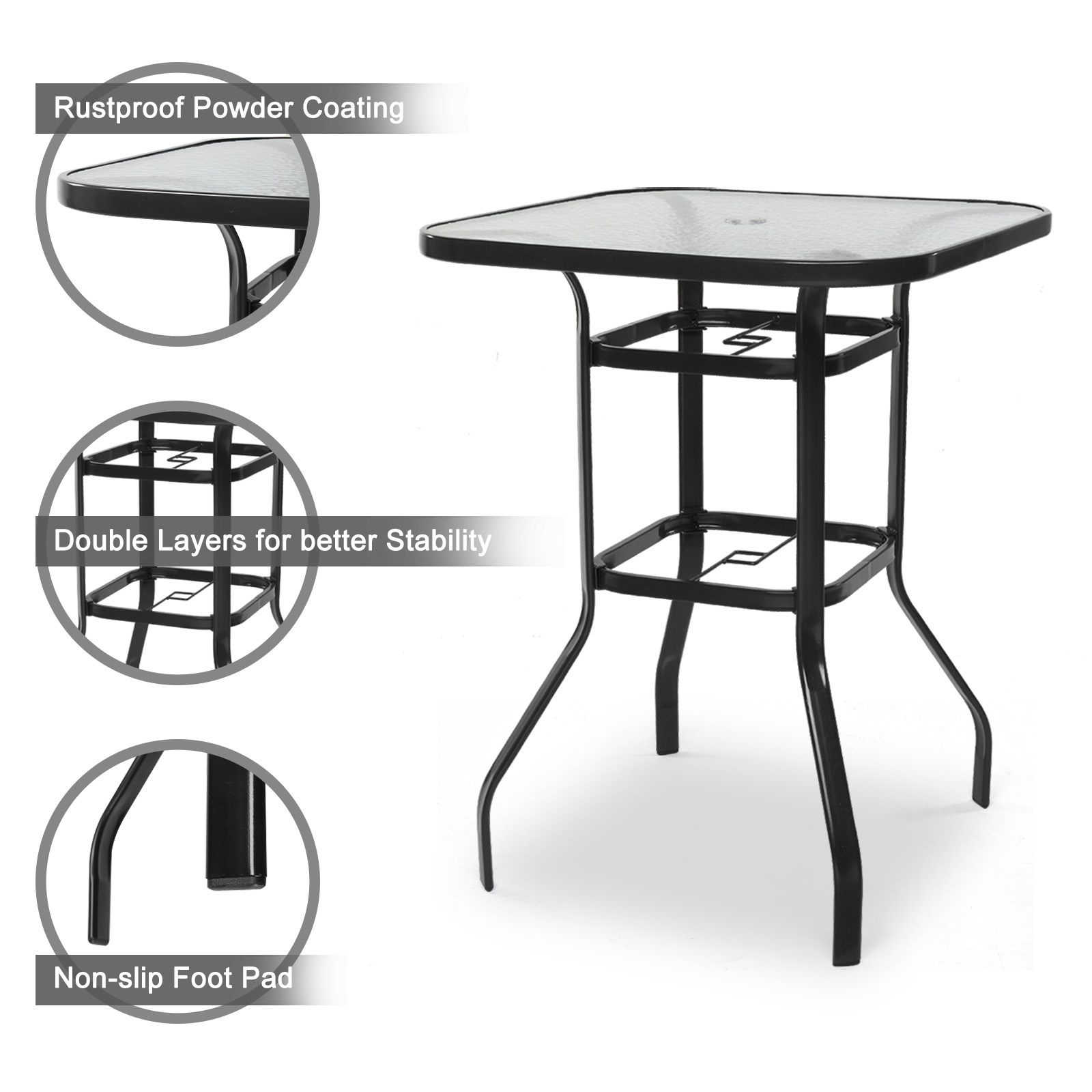 IVV Outdoor Patio Bar Height Bistro Table w/ Tempered Glass Top & 1.8" Umbrella Hole & Metal Frame, 31.5"L x 31.5"W x 39.8"H, Black & Clear