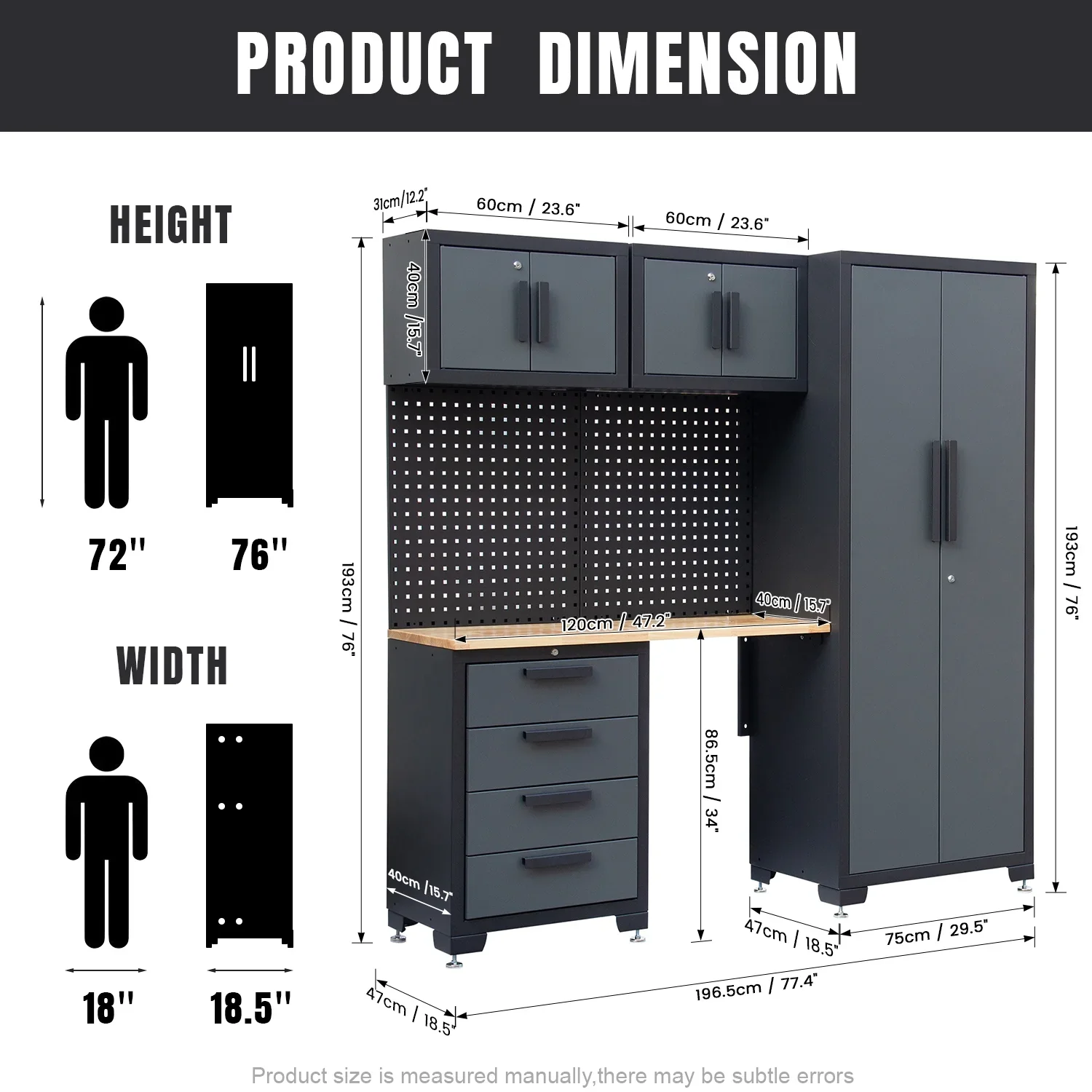 HPDMC 7-Piece Metal Garage Cabinet System With 4-Drawer Roller Cabinet, 47.2 in Workbench And Pegboards