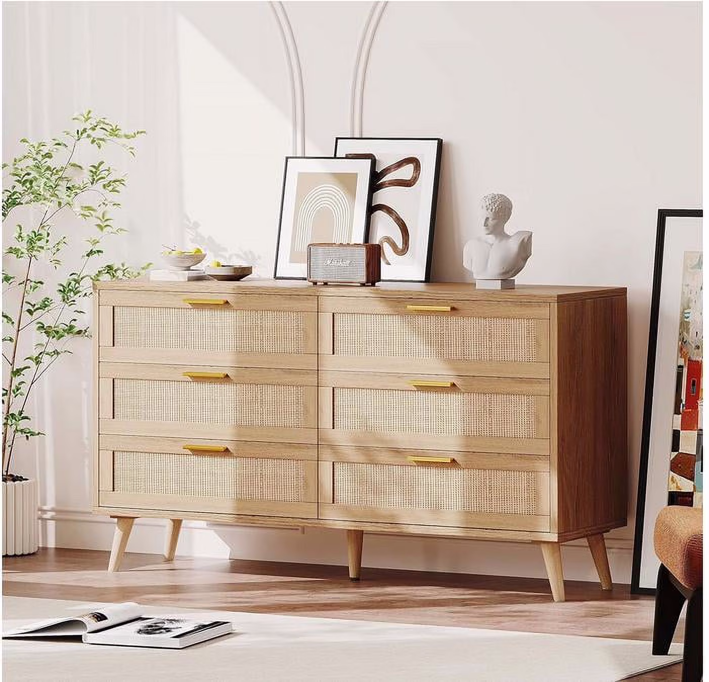 Huloretions 6 Drawer Dresser,Rattan Chest of Dressers,Mid Century Modern Dresser For Closet With Handles,Large Table Top Dresser For Bedroom Living Room Hallway 47.2" x 15.7" x 29.5"