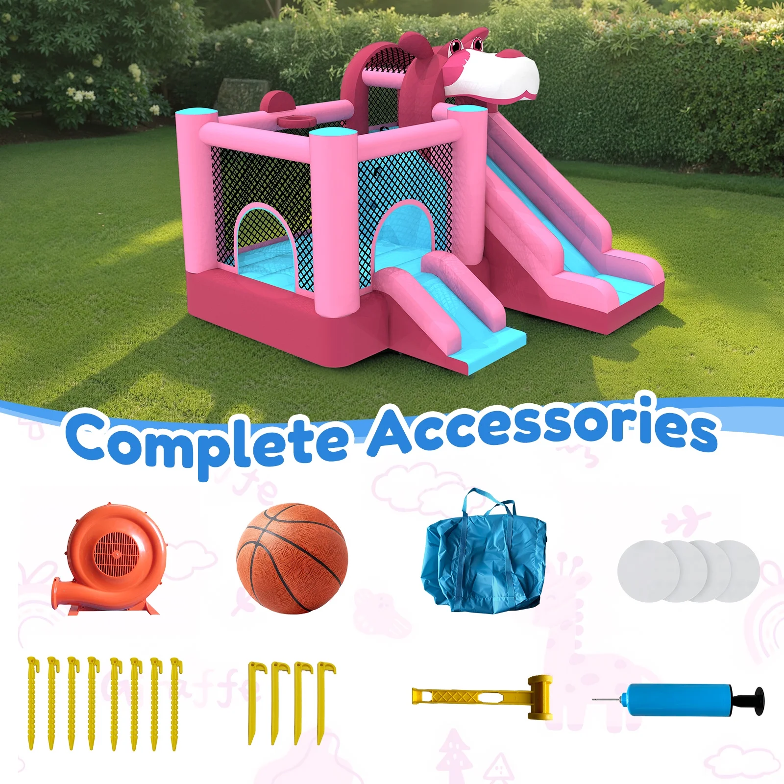 Mukidy 114''x 114'' x 92.5'' Inflatable Bounce Houses for Kids 3-10 with Blower Double Slide and Ball Pit/Indoor Bouncy House, PVC, Child, Teen, Toddler,Blue