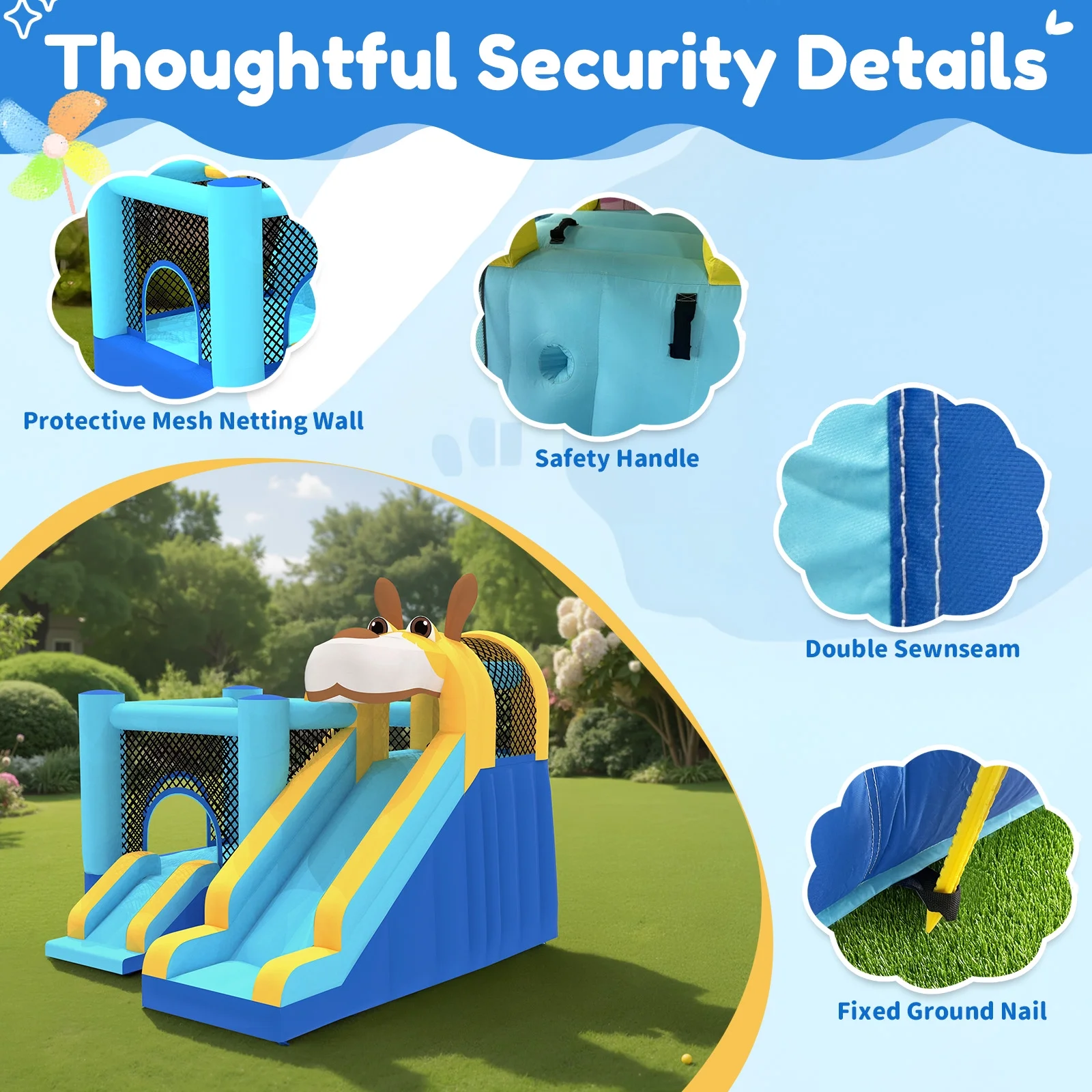 Mukidy 114''x 114'' x 92.5'' Inflatable Bounce Houses for Kids 3-10 with Blower Double Slide and Ball Pit/Indoor Bouncy House, PVC, Child, Teen, Toddler,Blue