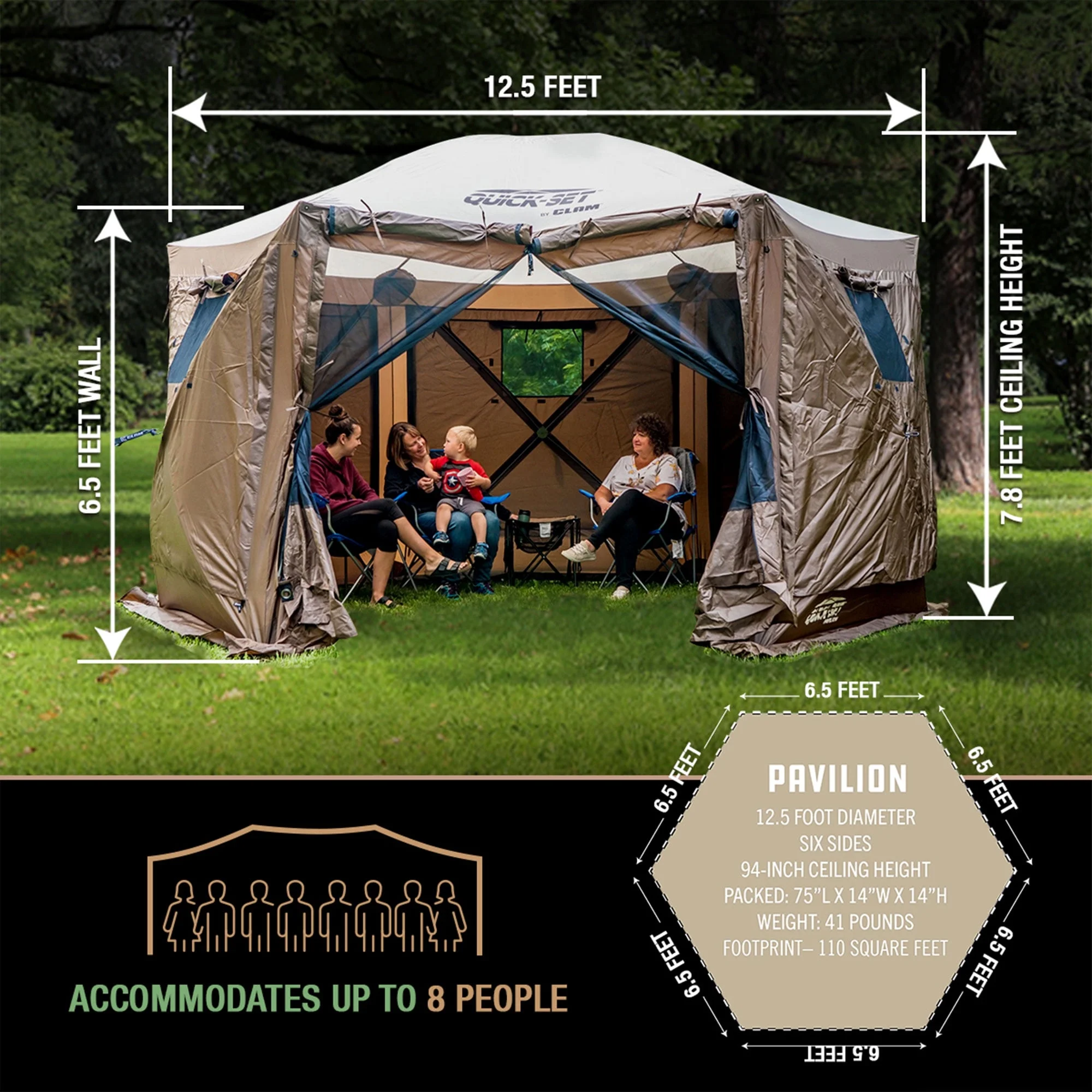 CLAM Quick-Set Pavilion 12.5 x 12.5' Portable Outdoor Canopy Shelter, Green