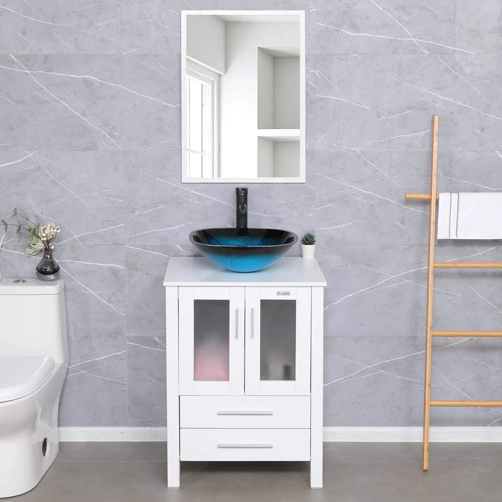 Eclife 24″W x 20″D x 32″H Classical Bathroom Vanity Vessel Sink Set with Faucet, Mirror White Vanity and Ocean Blue Square Glass Sink Pop up Drain Combo