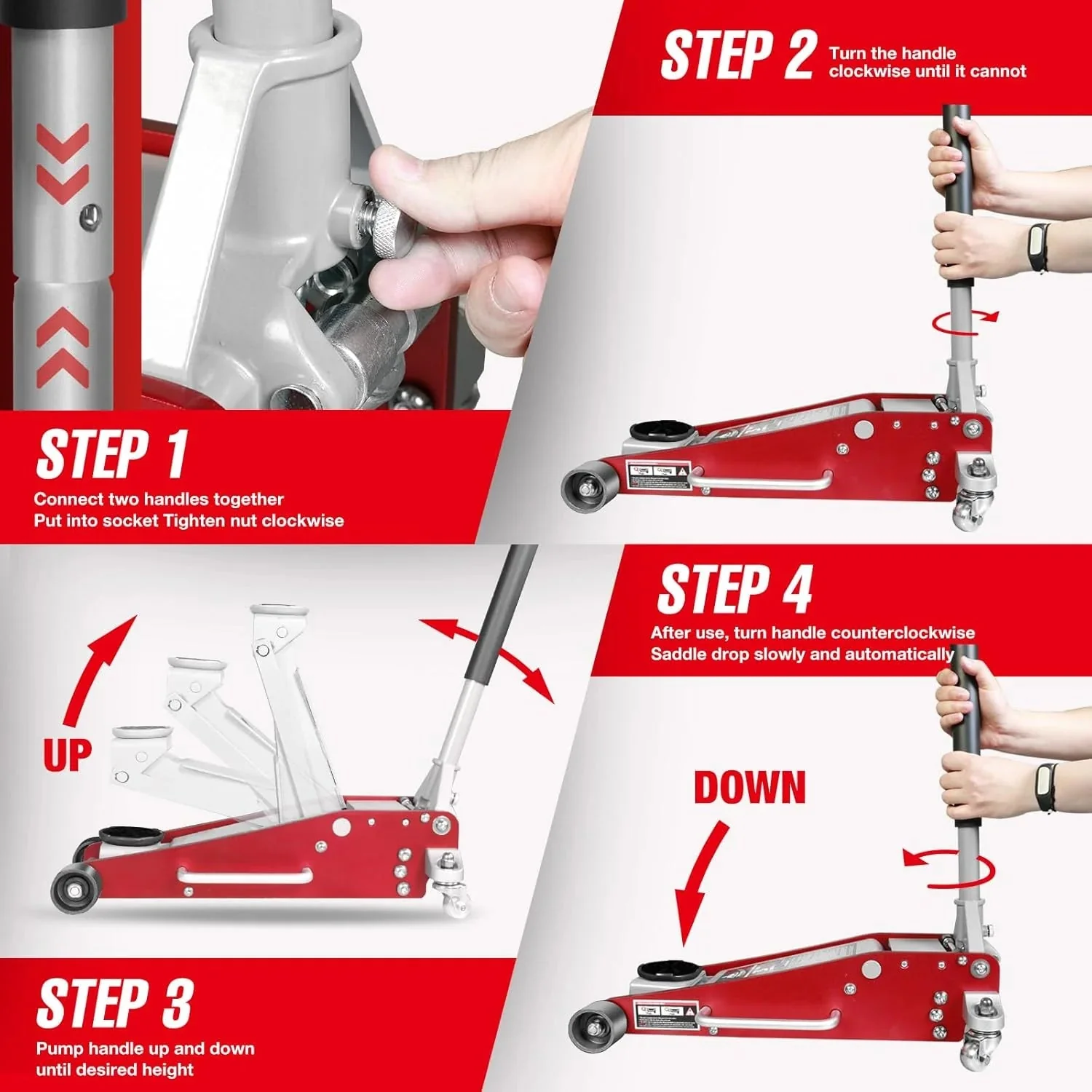 3 Ton Low Profile, Aluminum and Steel Racing Floor Jack with Dual Pistons Quick Lift Pump for Sport Utility Vehicle, Lifting Range 3-15/16" min to 18-5/16" max, Red