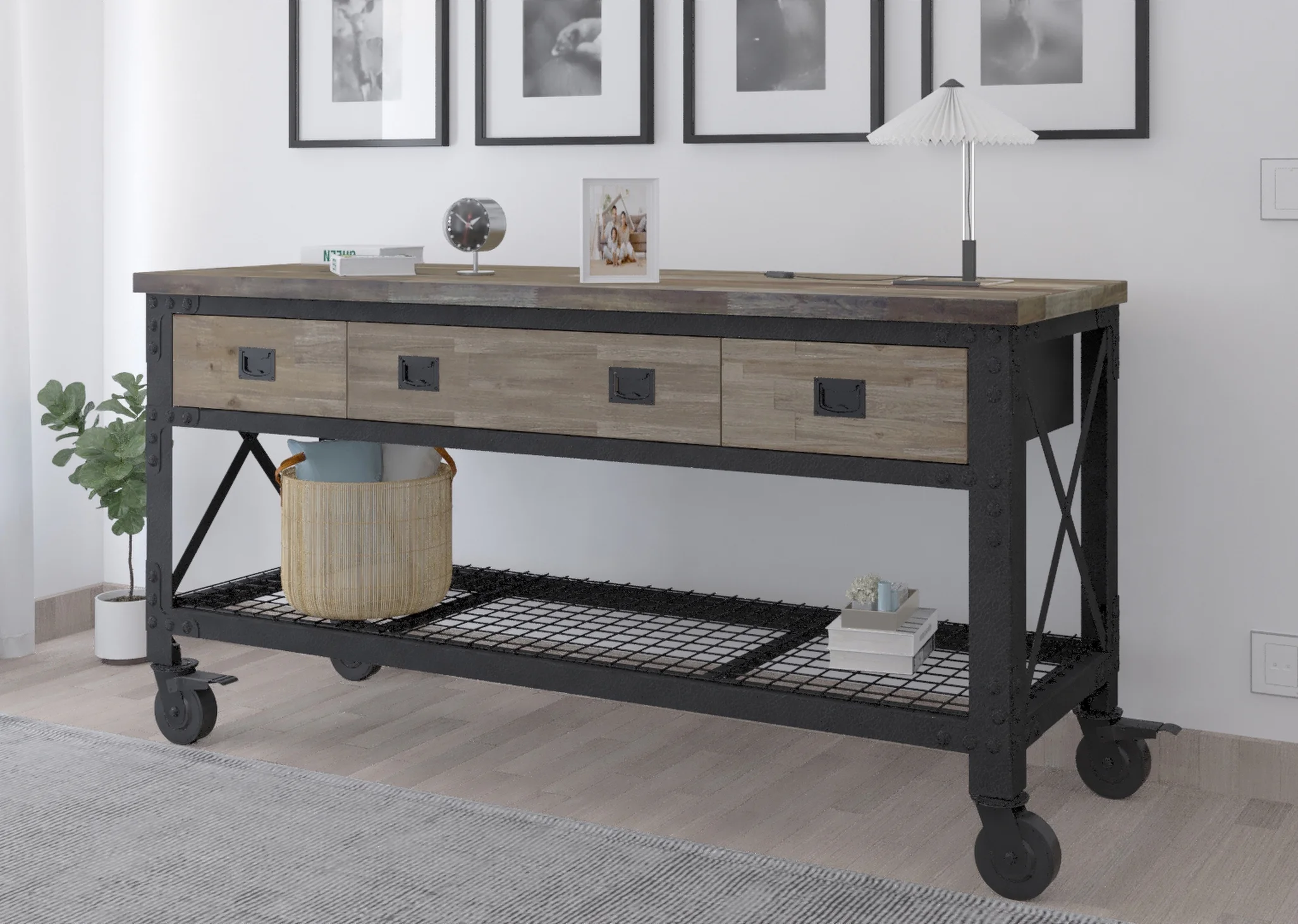 72 In x 24 In. 3 Drawer Rolling Industrial Workbench with Wood Top – Aged Macadamia