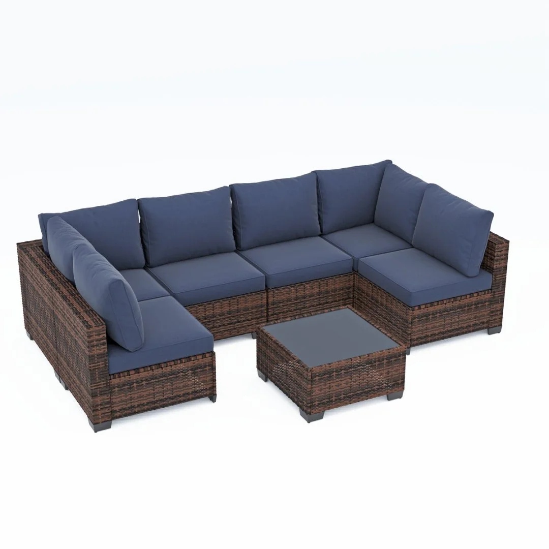 Ainfox 7 Pcs Outdoor Patio Furniture Sofa Set, Grey Rattan Grey Cushion