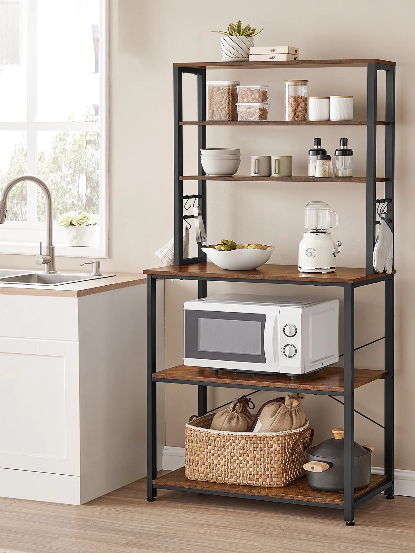 VASAGLE Baker’s Rack Microwave Oven Stand Kitchen Tall Utility Storage Shelf 6 Hooks and Metal Frame Industrial 15.7 x 31.5 x 65.7 Inches Rustic Brown and Black