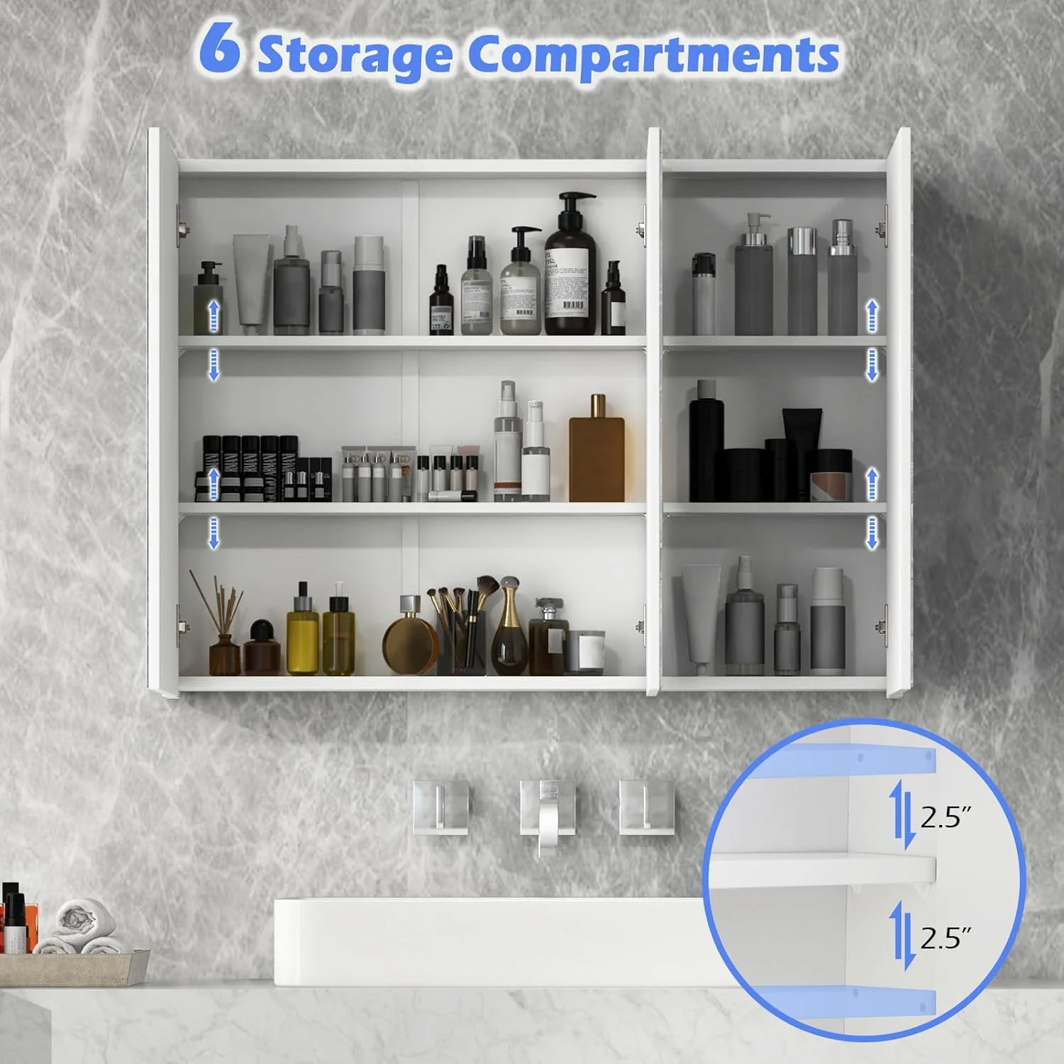 SZWS Mirrored Medicine Cabinet, Large Wide Wall Mounted Storage Cabinet with 3 Mirror Doors & Adjustable Shelf, Hanging Bathroom Organizer, White, 36 x 4.5 x 25.5 Inches