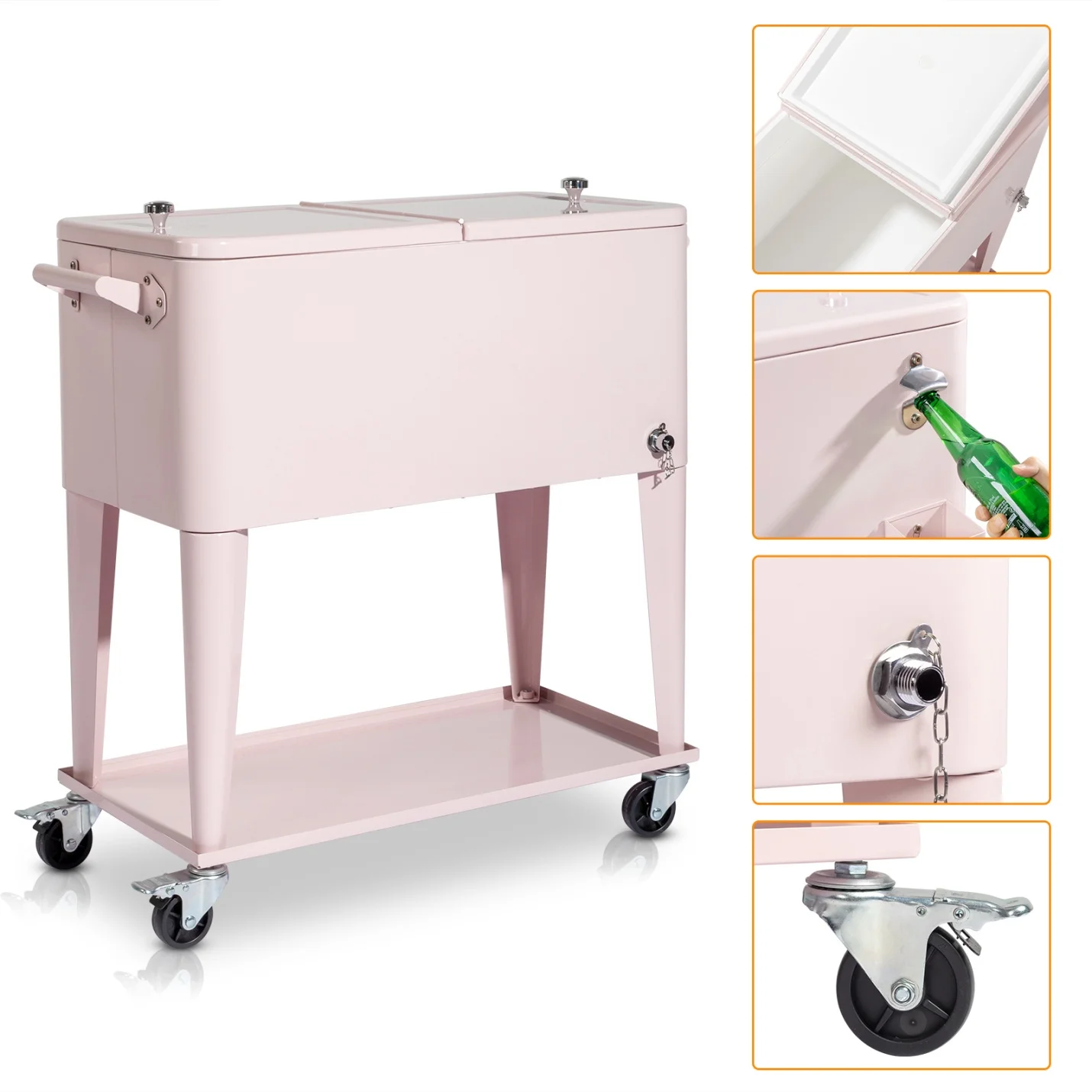 80Qt All-In-One Cooler Cart With Bottle Opener, Lower Storage Shelf and Cap Catcher, Outdoor Party Rolling Cooler With Lockable Wheels For Pool Side, Patio, Balcony, Mint(33.07 x 15.16 x 35.83)"
