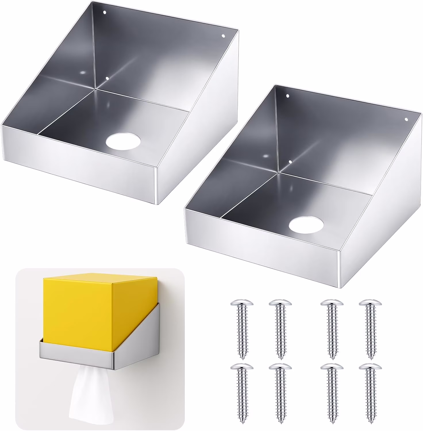 Set of 2 Rag in a Box Wall Mount Aluminum Dispenser Holder Storage Rack Organizer for Enclosed Race Trailer, Shop, Garage Storage, Silver, 9.7'' L x 9.7'' W x 6'' H