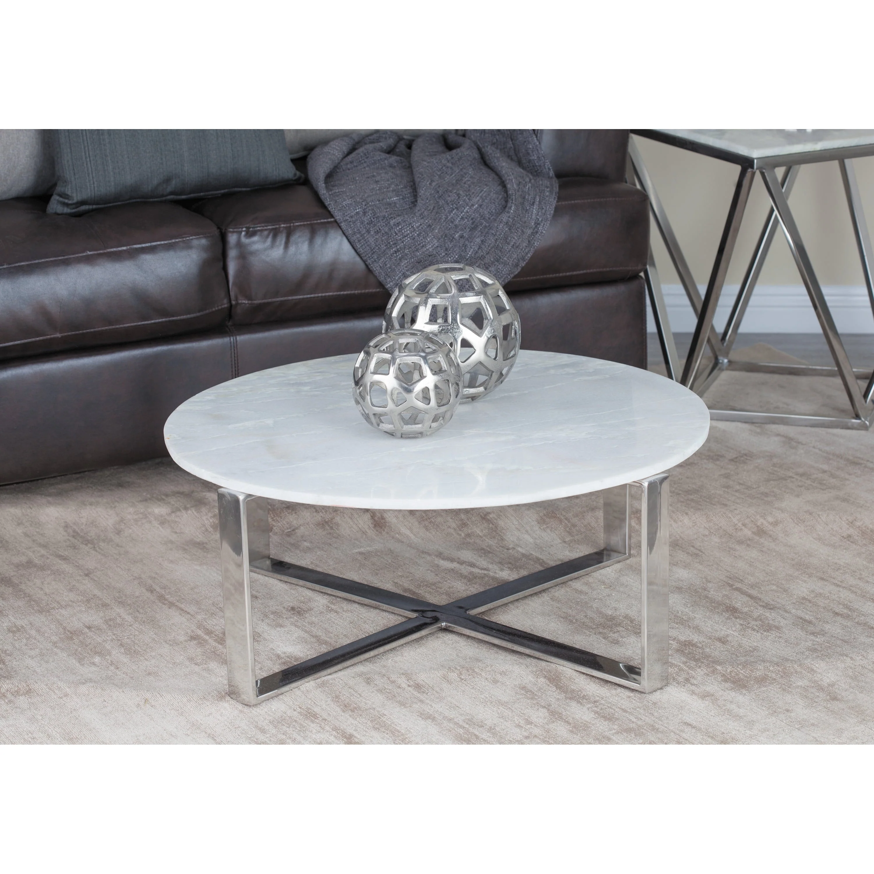 DecMode 31" x 18" White Ceramic Coffee Table with Marble Top, 1-Piece