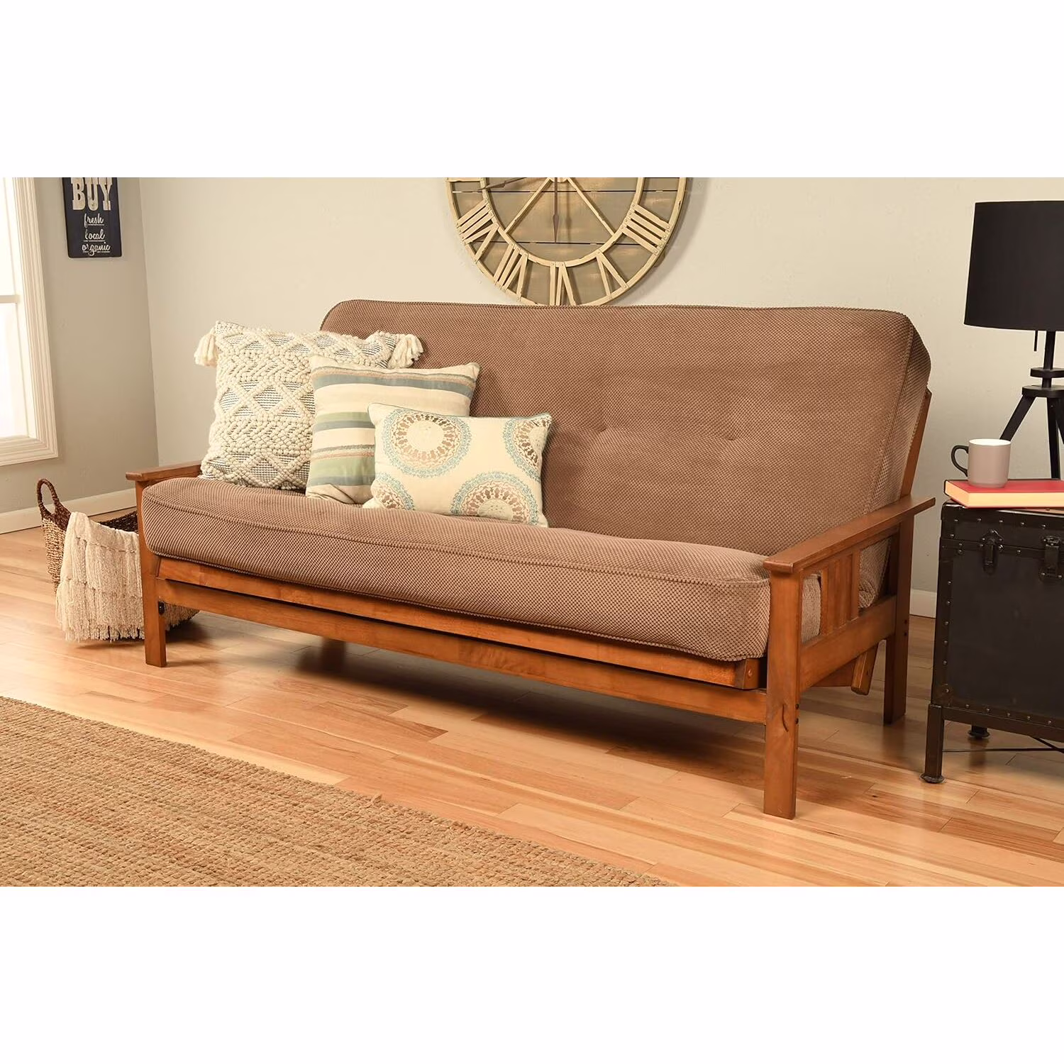 Homestock African Artifacts Full Size Futon Frame Set with Mattress, Easily Converts to Bed, Versatile Design Futon Frame for All Spaces, 33"H x 79"L x 37"D-Color:Linen Charcoal,Size:Barbados