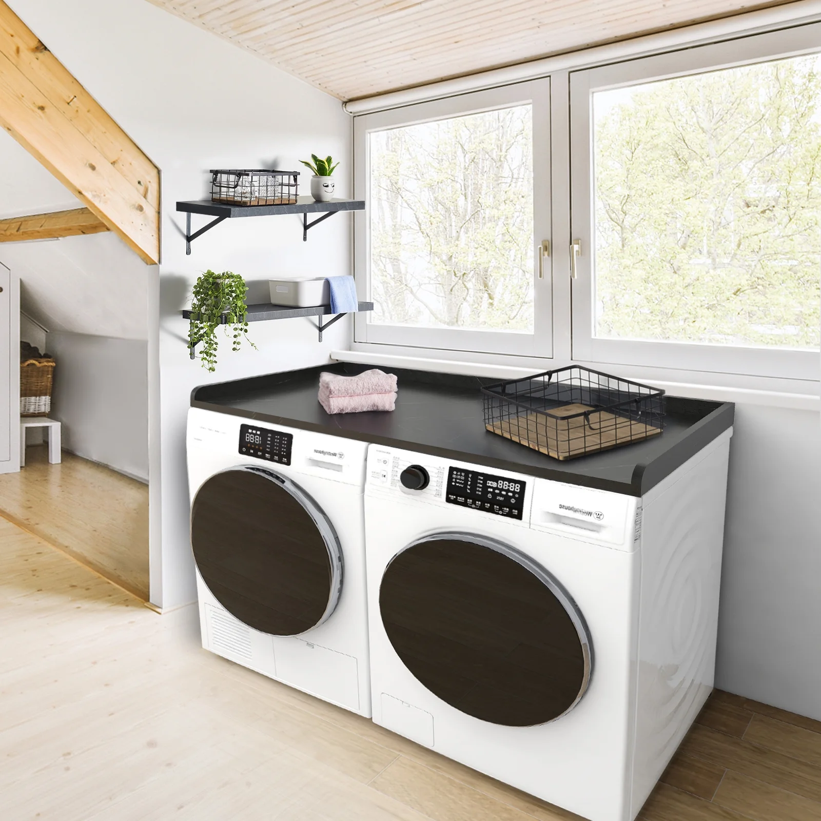 Kaboon Washer Dryer Countertop with Edge Rails, 27.5" x 54", Light Walnut