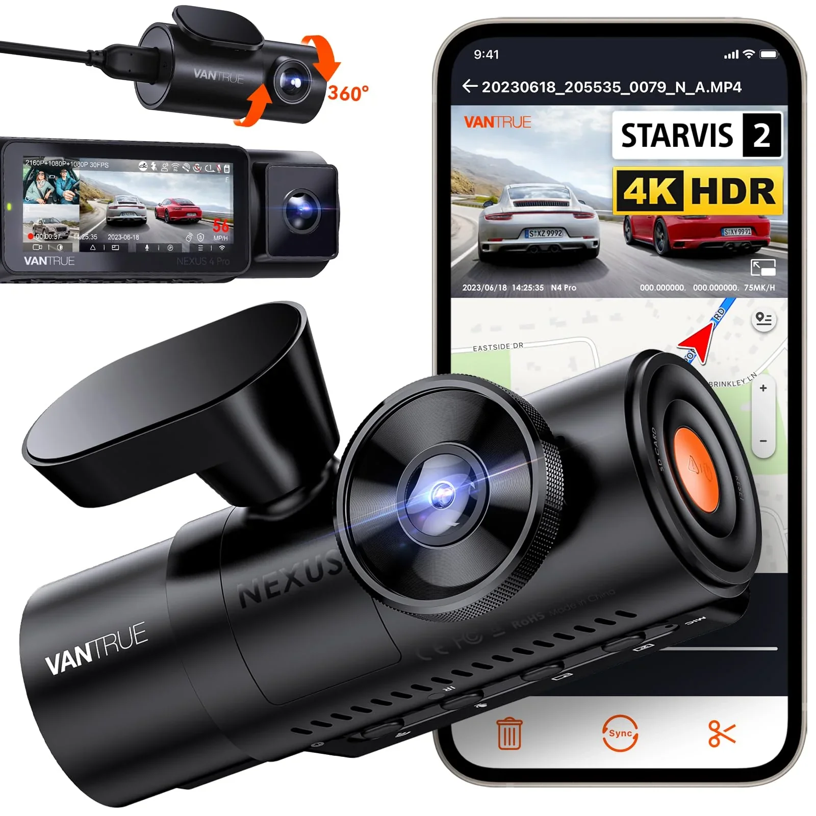 Vantrue 3-Channel 4K WiFi Dash Cam – N4 Pro