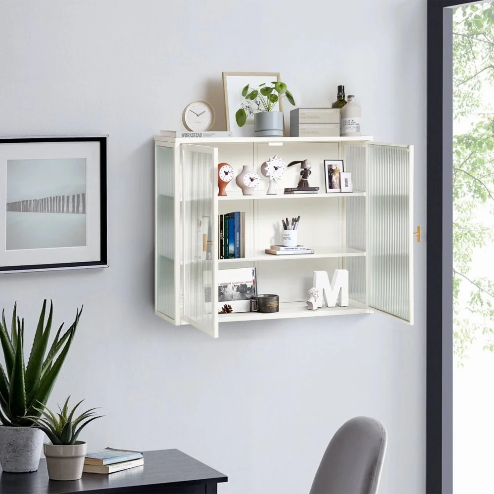 Hassch Wall Mounted Kitchen Pantry Sideboard with 2 Glass Doors, Metal Storage Cabinet Dining Cupboard for Bathroom Kitchen Living Room Dining Room, 27.56"L x 9.06"W x 23.62"H, White