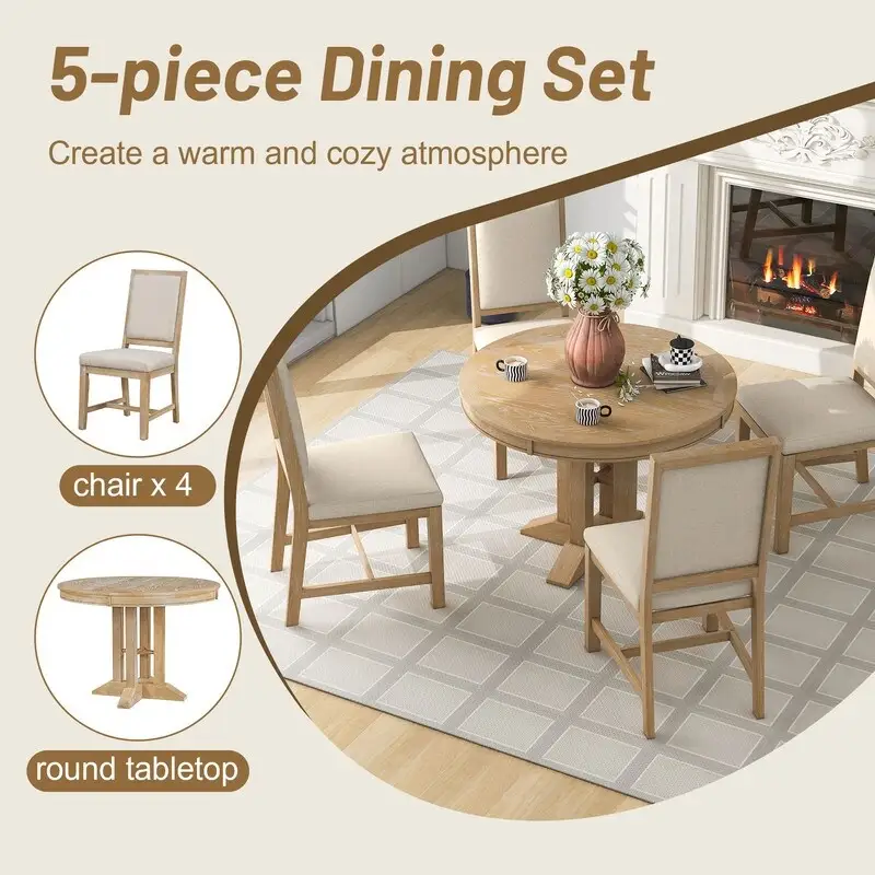 5-Piece Dining Set Extendable Round Table and 4 Upholstered Chairs Farmhouse Dining Set for Kitchen, Dining Room